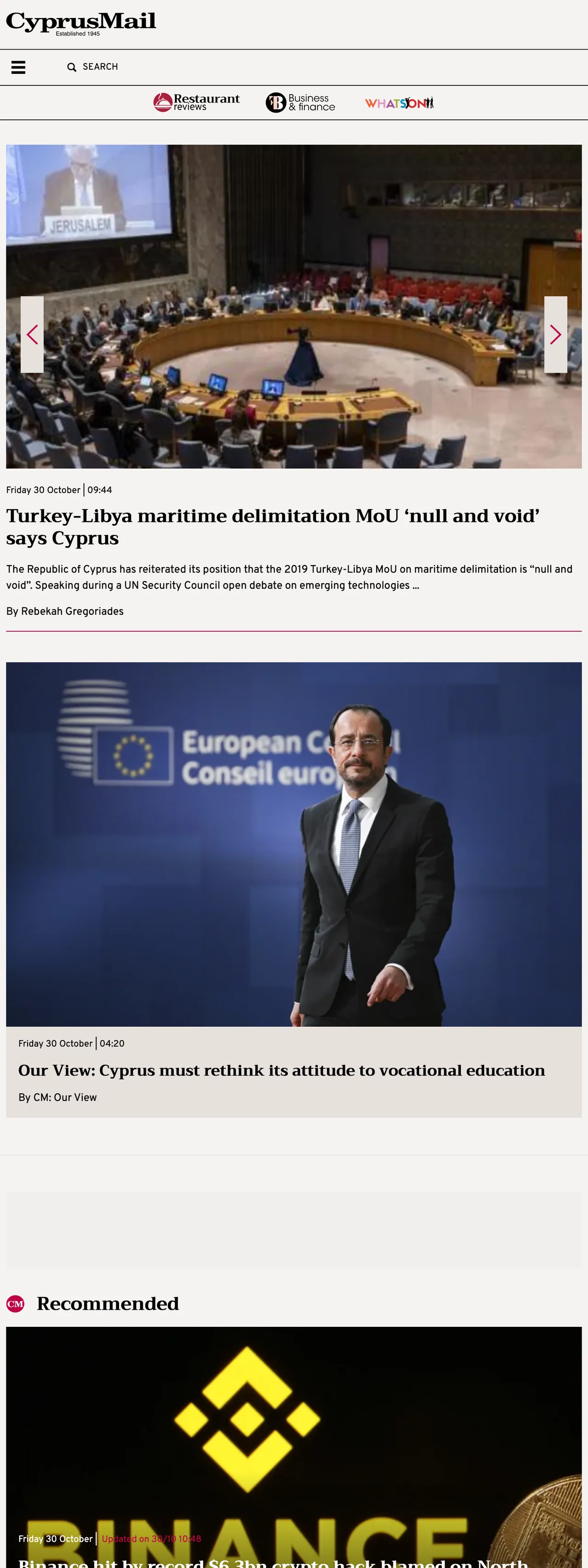 Screenshot of the Cyprus Mail front page