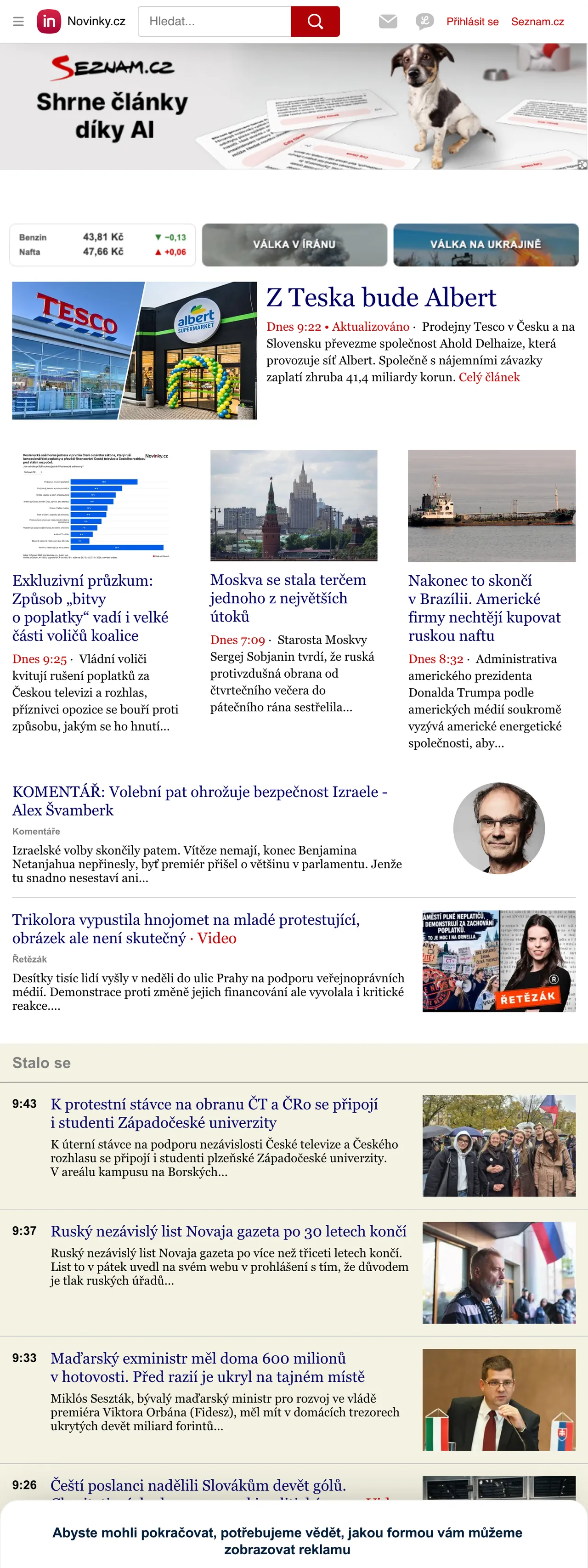Screenshot of the Novinky.cz front page