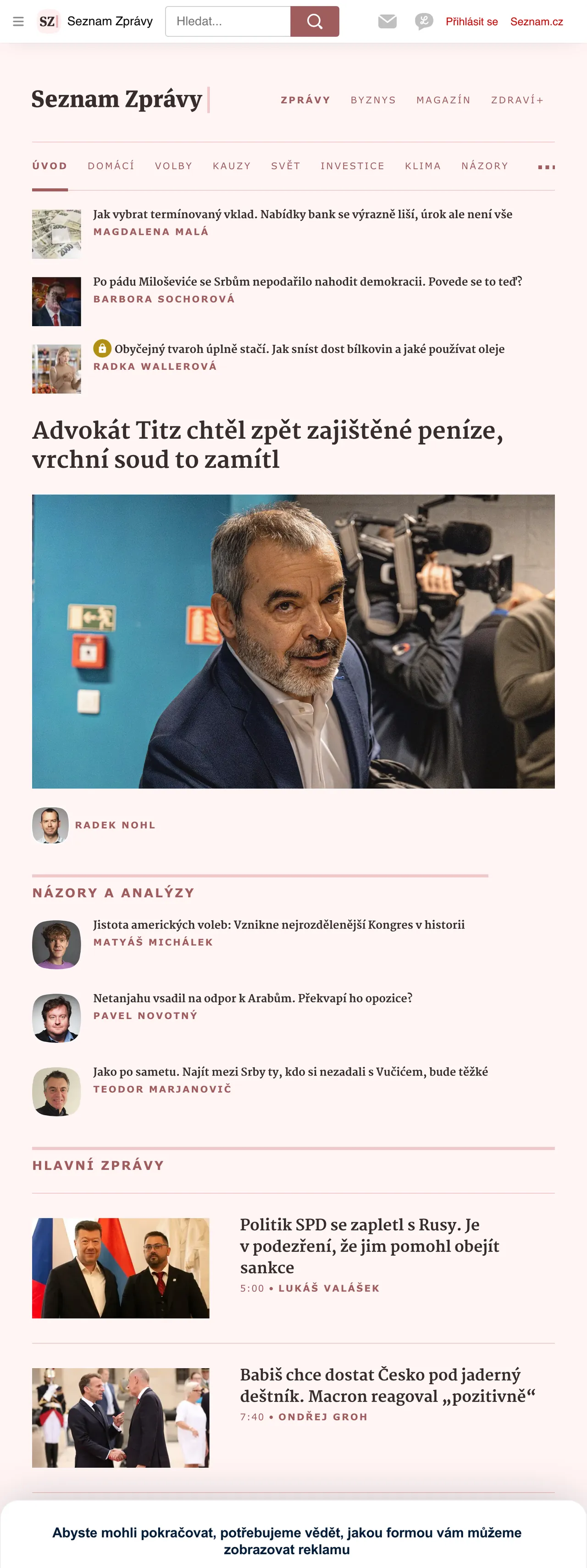 Screenshot of the Seznam Zprávy front page