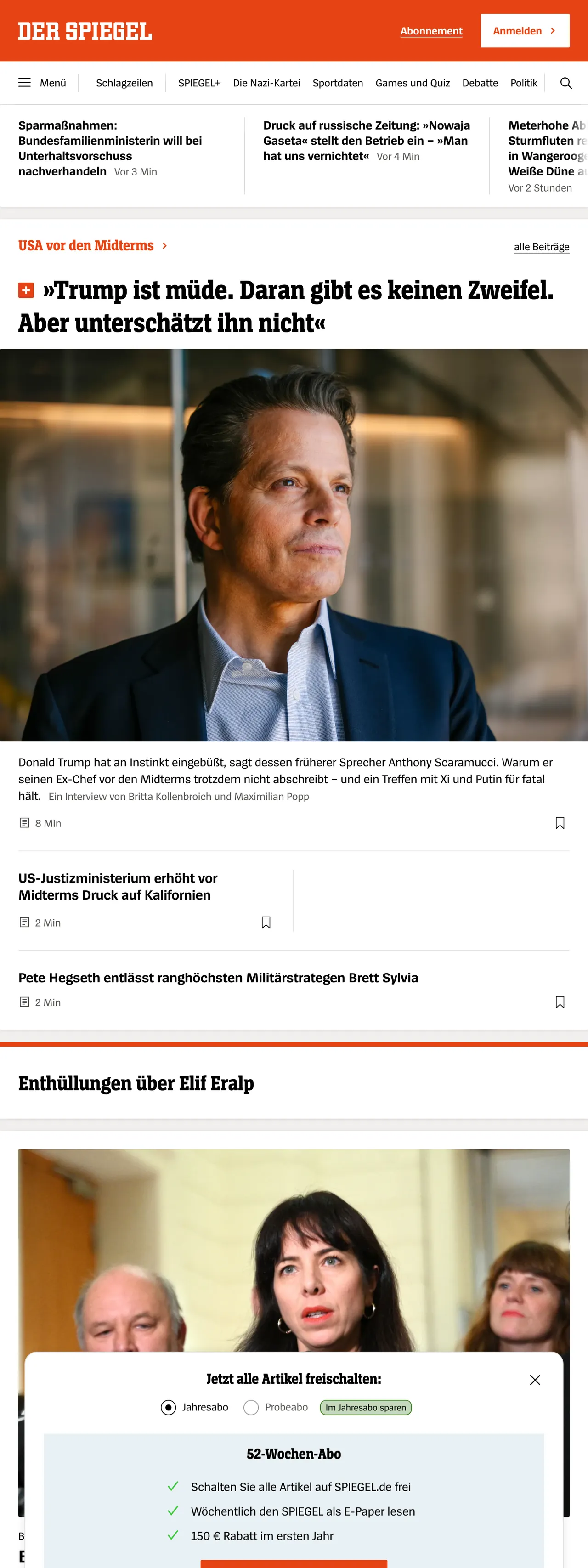 Screenshot of the DER SPIEGEL front page