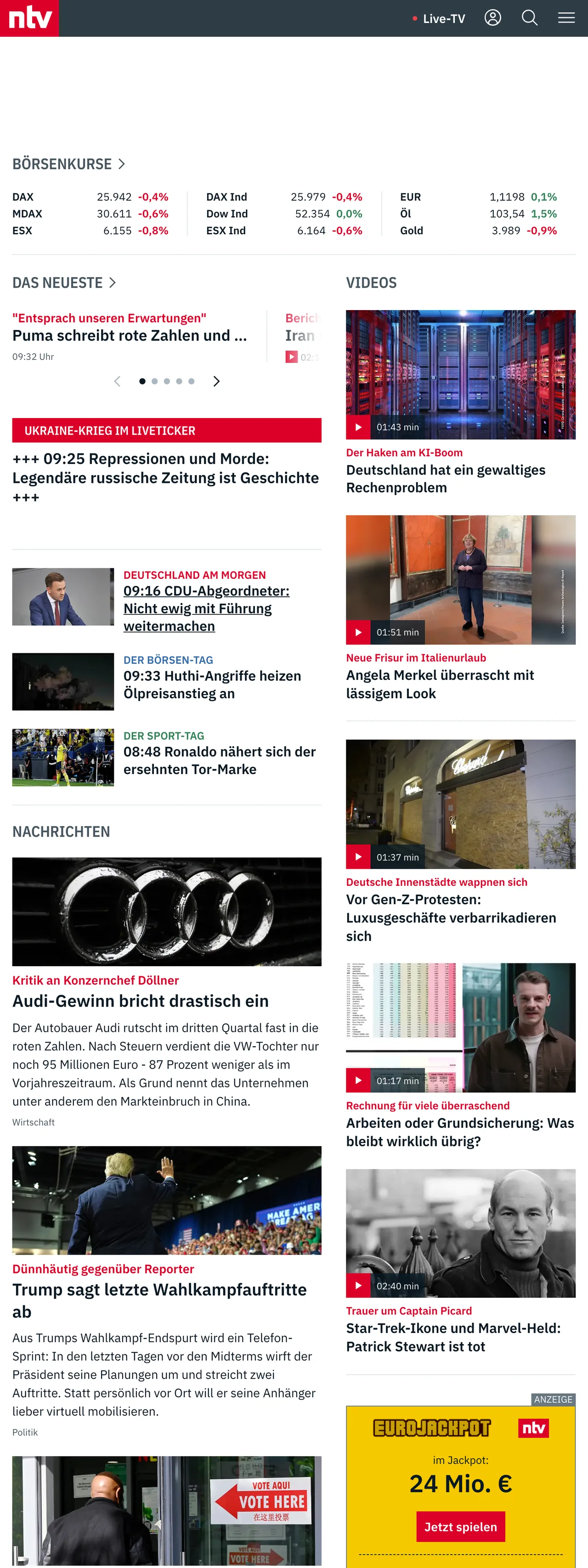 Screenshot of the n-tv front page
