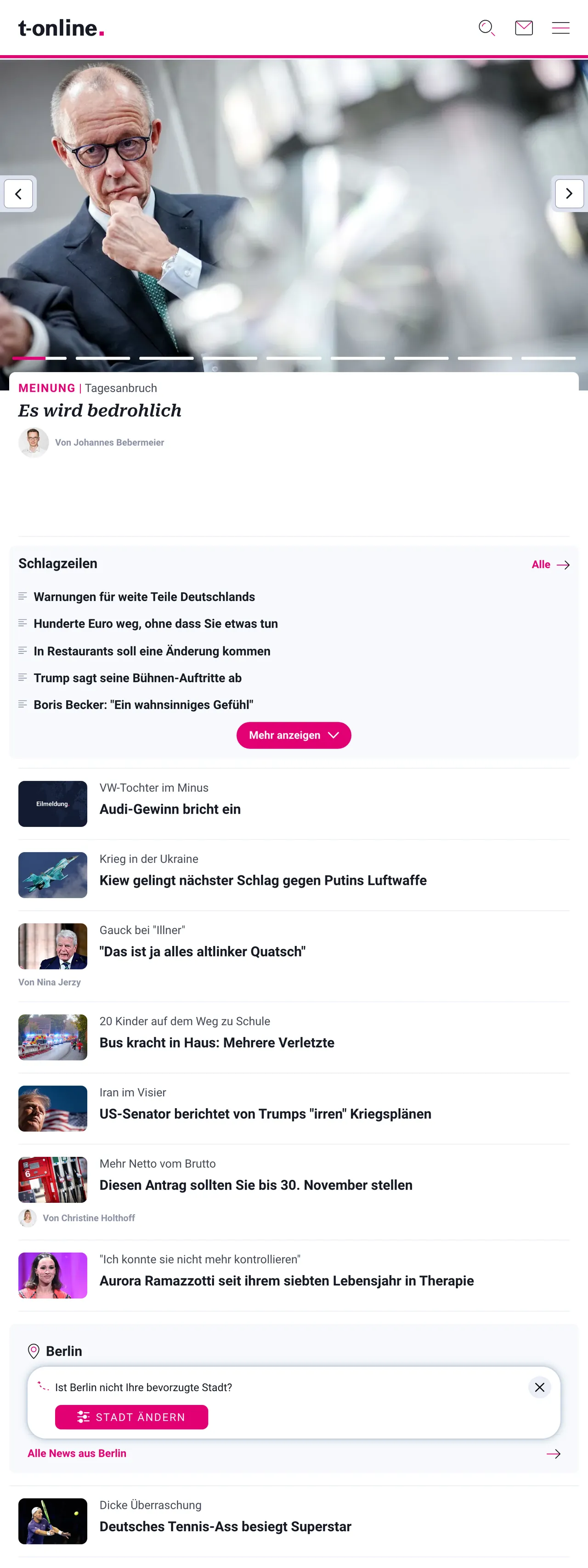Screenshot of the t-online front page