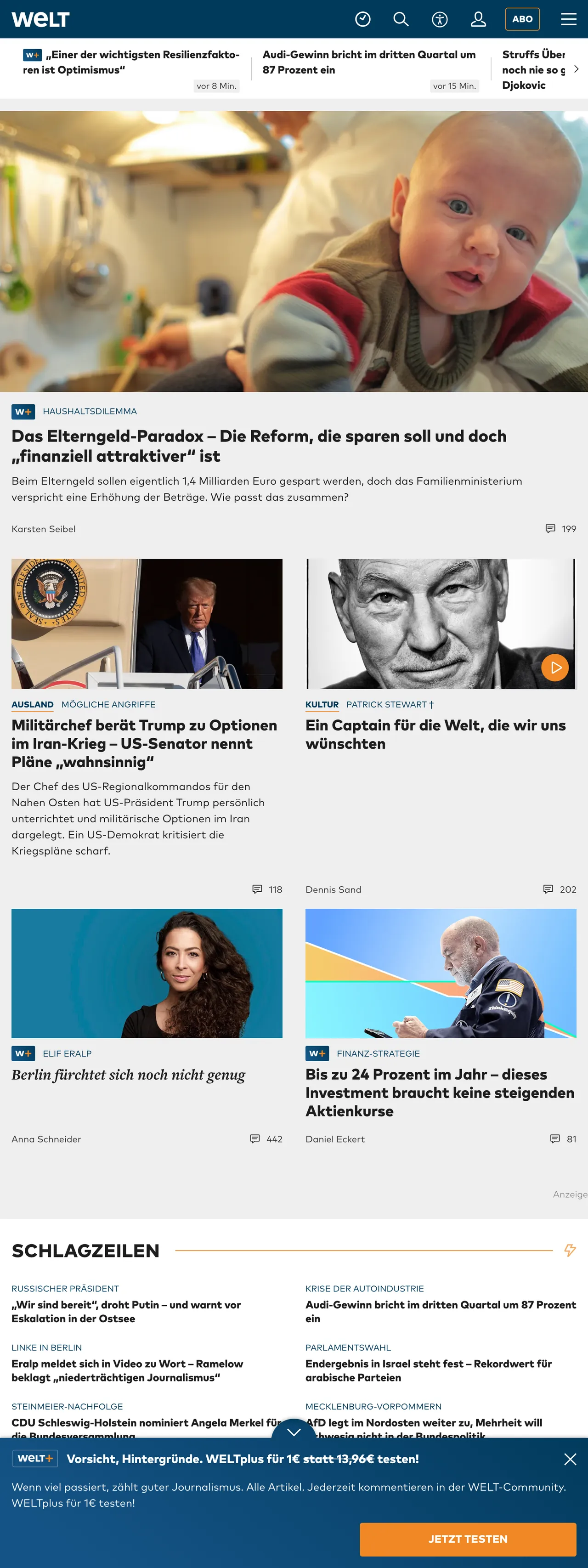 Screenshot of the WELT front page