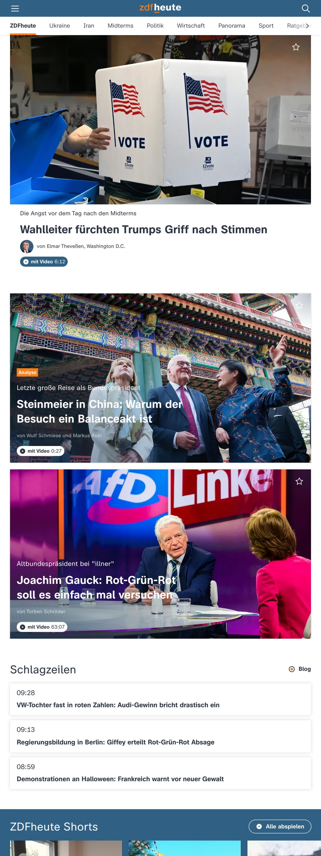 Screenshot of the ZDFheute front page