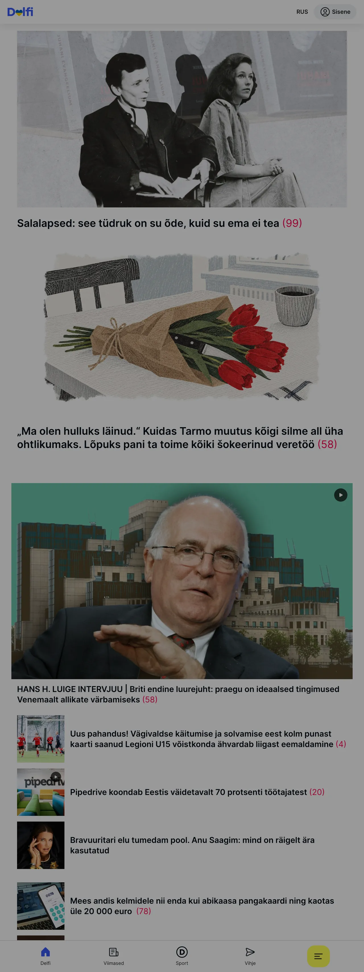 Screenshot of the Delfi front page