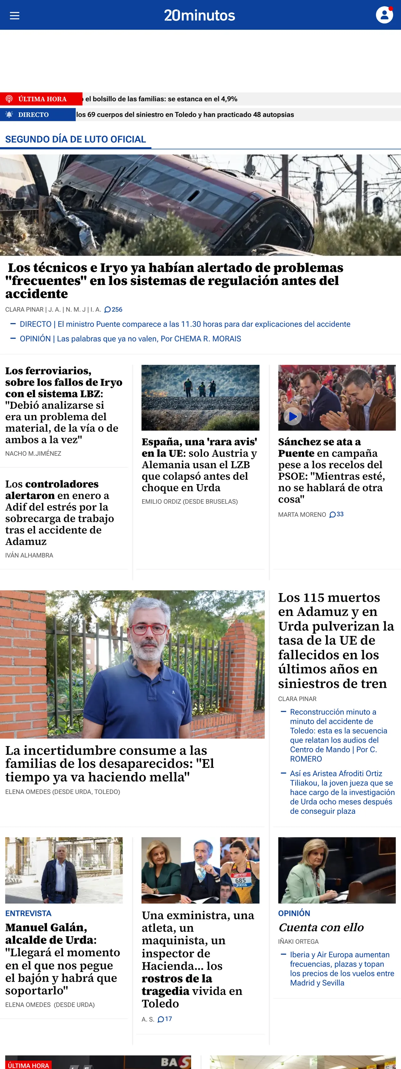 Screenshot of the 20minutos front page