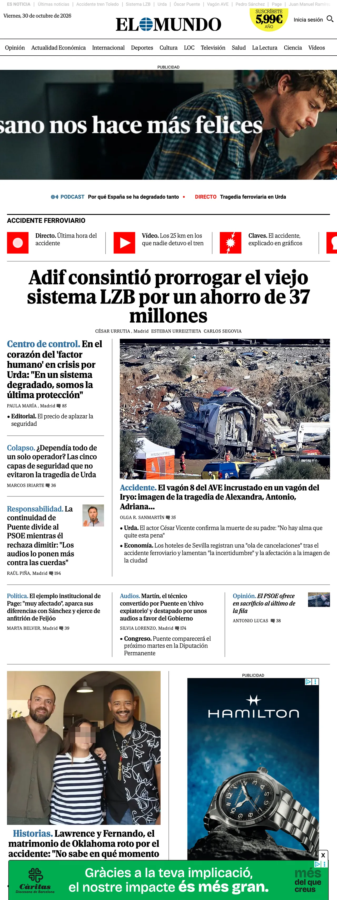 Screenshot of the El Mundo front page
