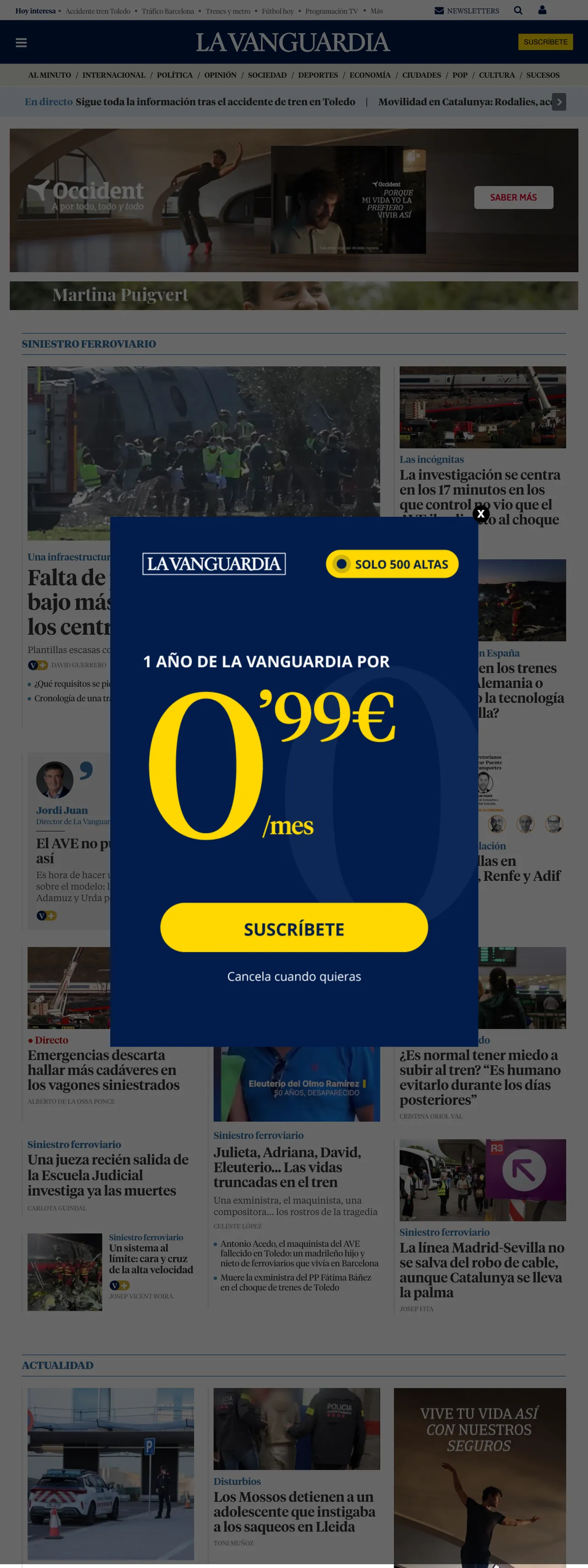 Screenshot of the La Vanguardia front page