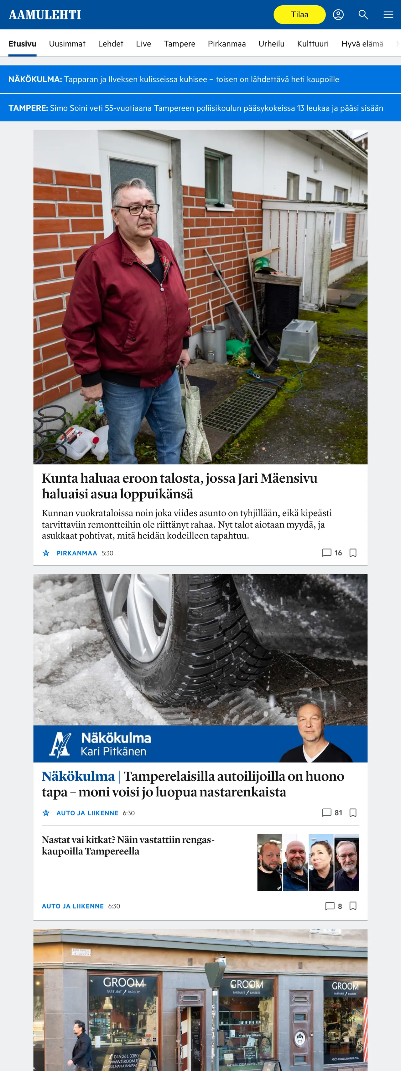 Screenshot of the Aamulehti front page