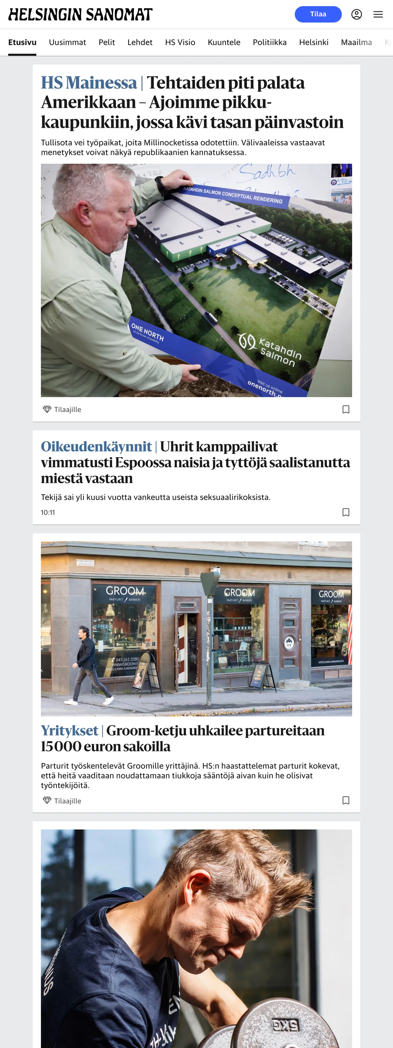 Screenshot of the Helsingin Sanomat front page