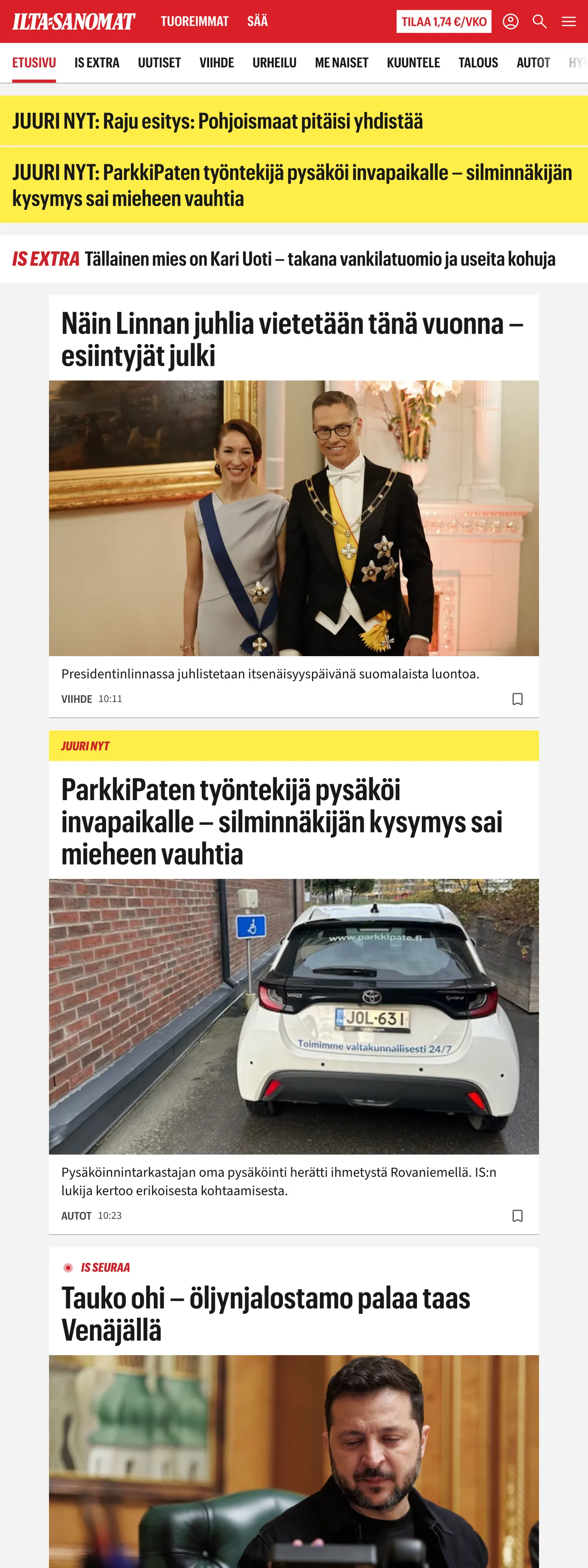 Screenshot of the Ilta-Sanomat front page