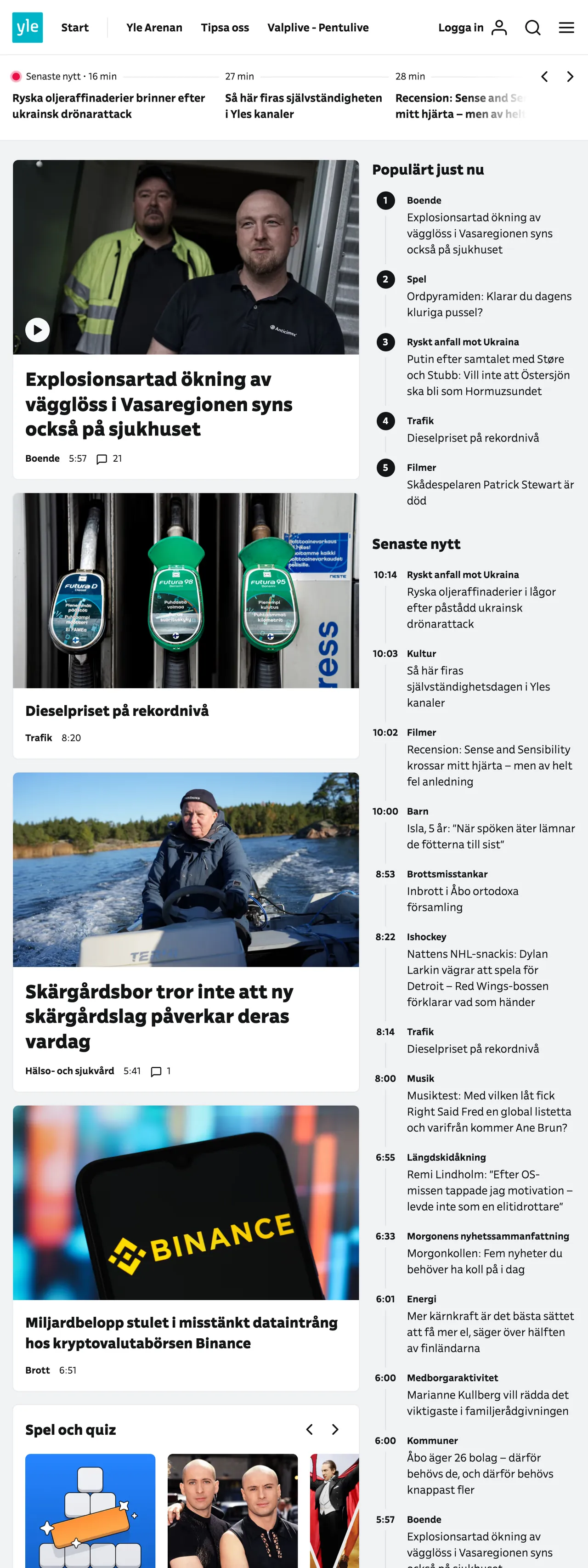 Screenshot of the Svenska Yle front page