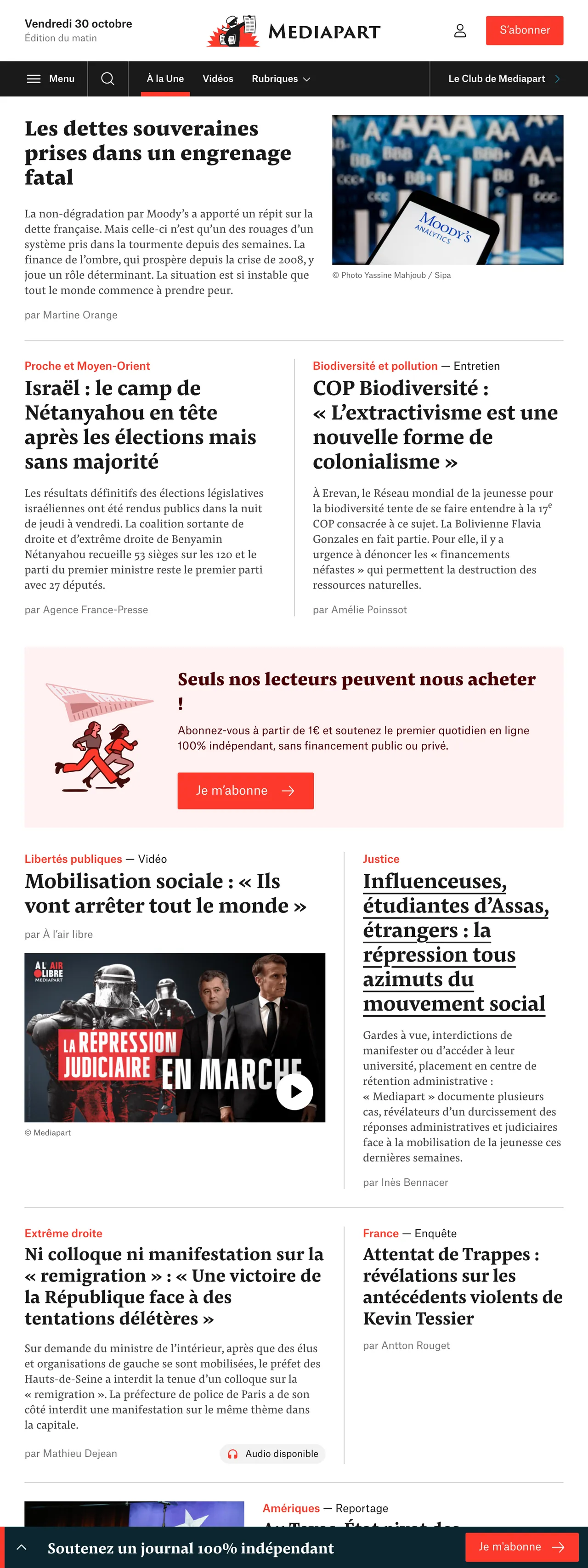 Screenshot of the Mediapart front page