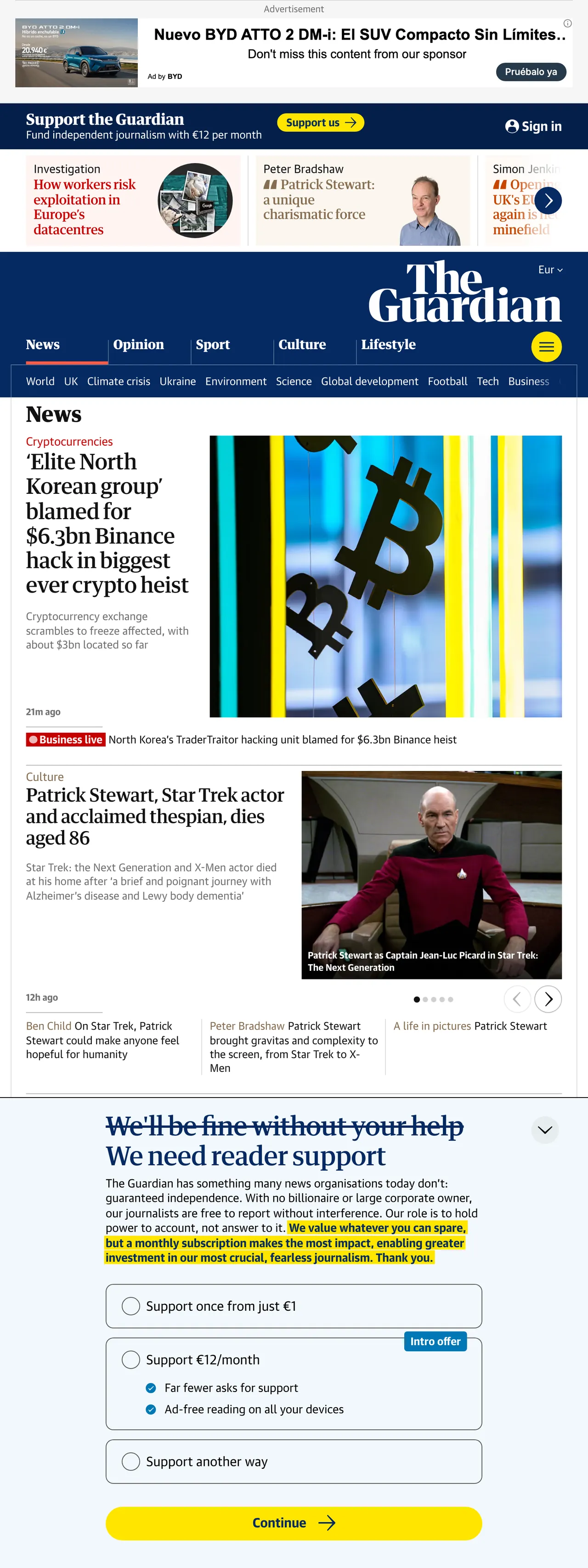 Screenshot of the The Guardian front page