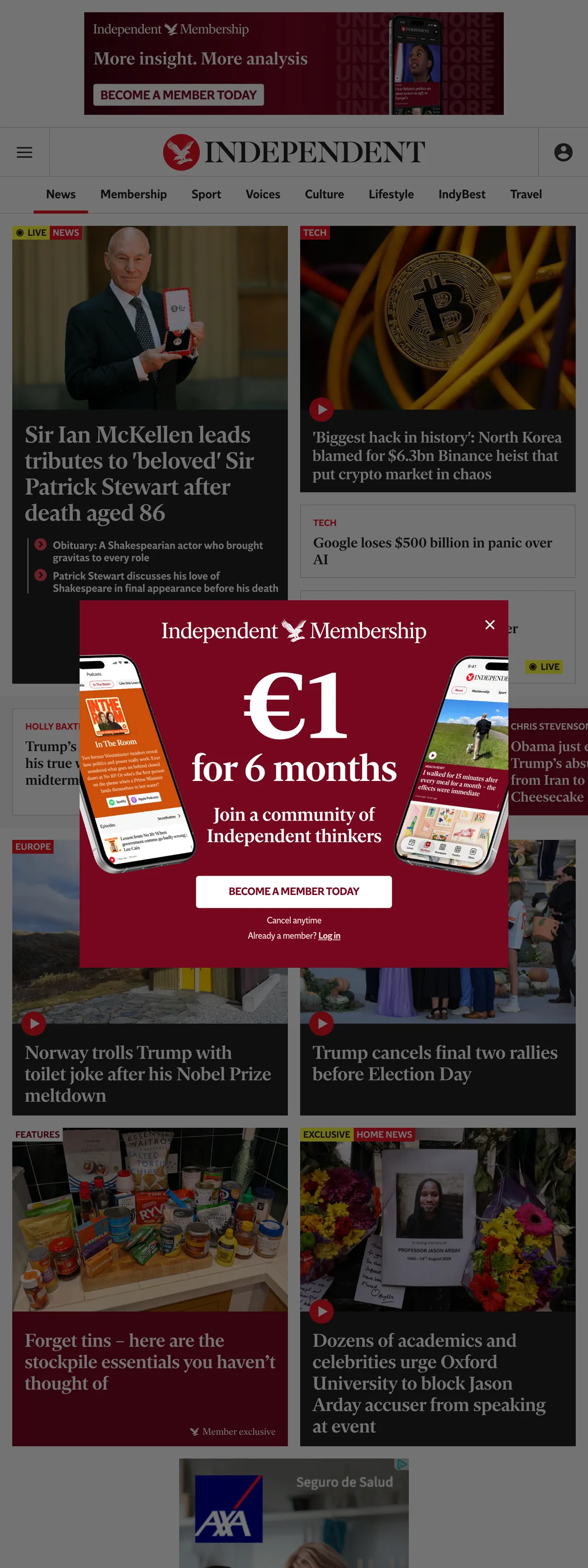 Screenshot of the The Independent front page