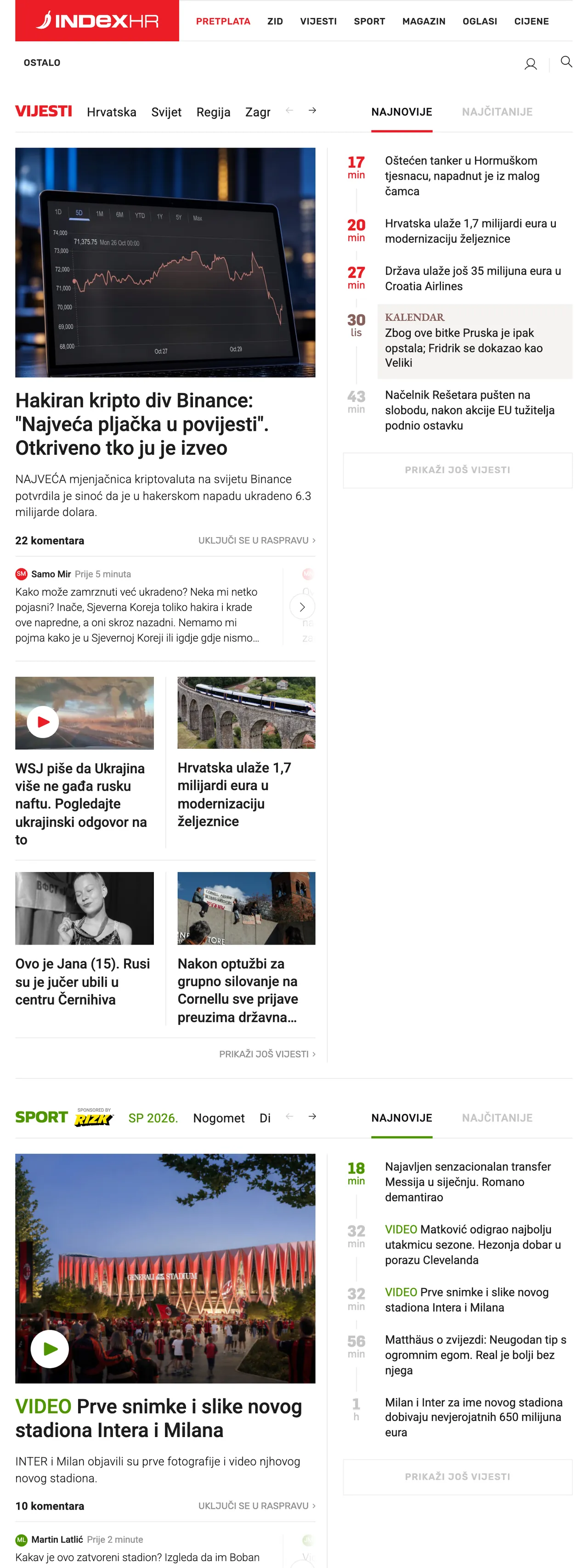 Screenshot of the Index.hr front page