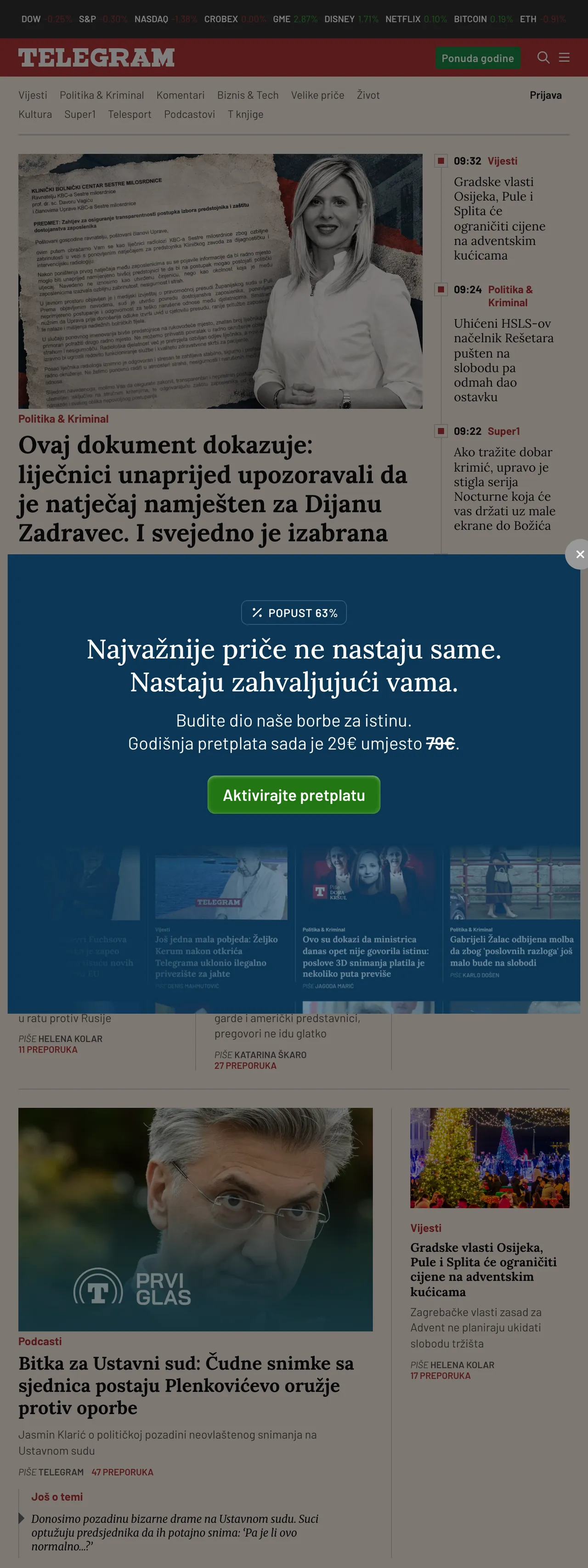 Screenshot of the Telegram.hr front page