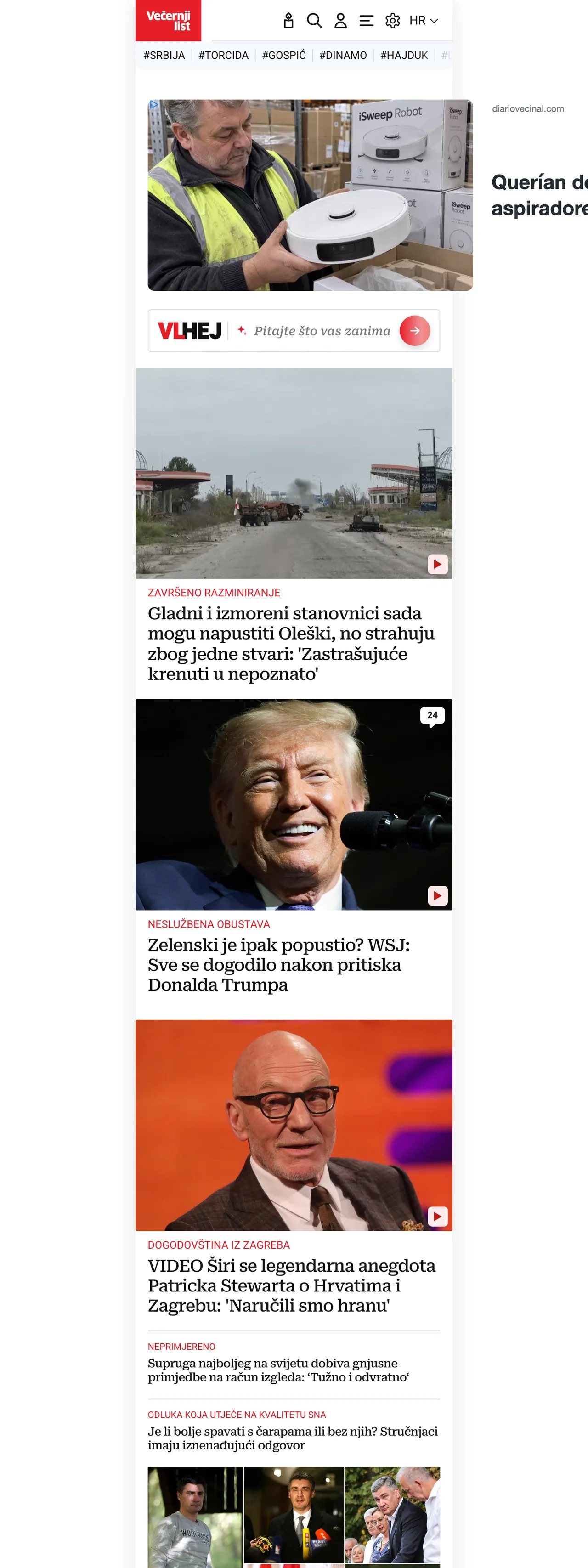 Screenshot of the Večernji list front page