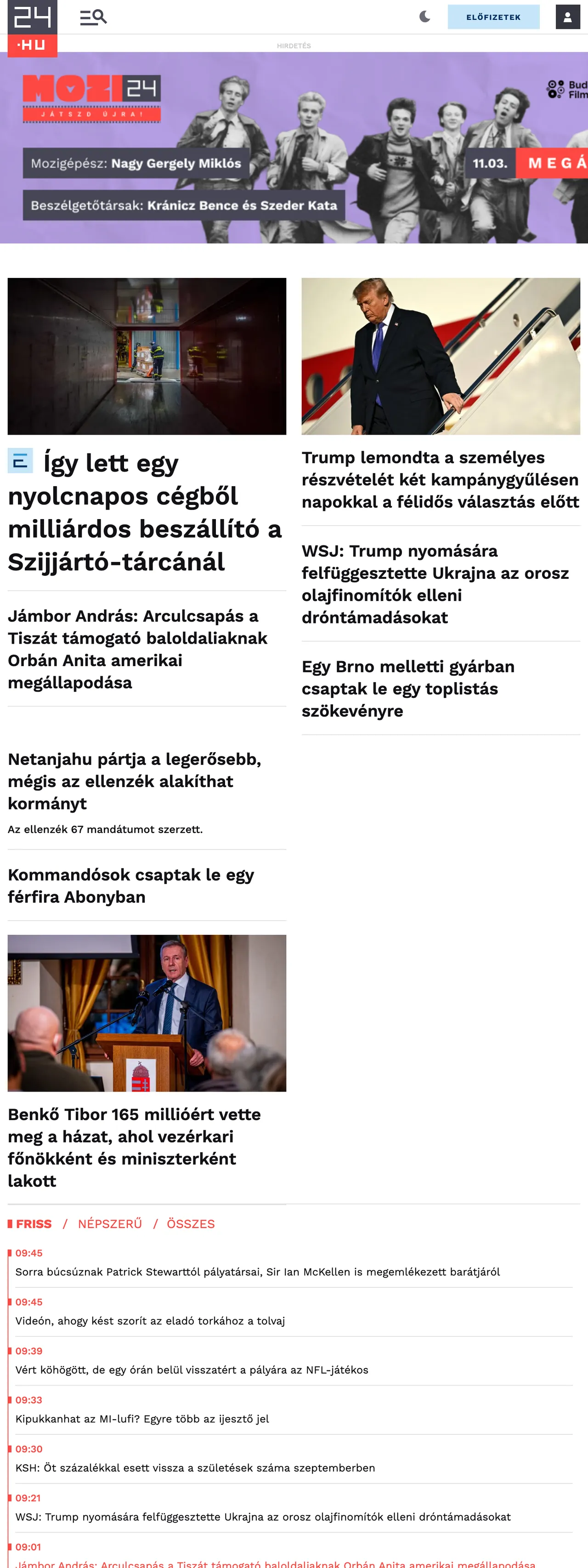 Screenshot of the 24.hu front page