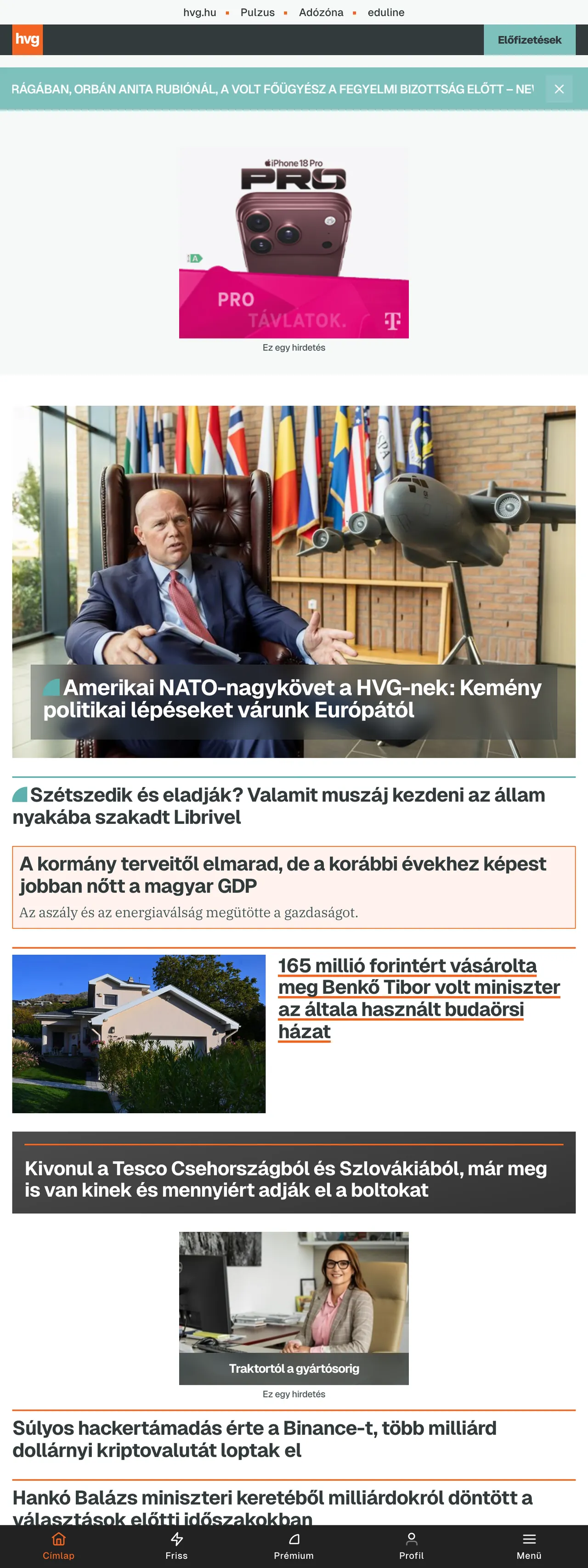 Screenshot of the HVG front page