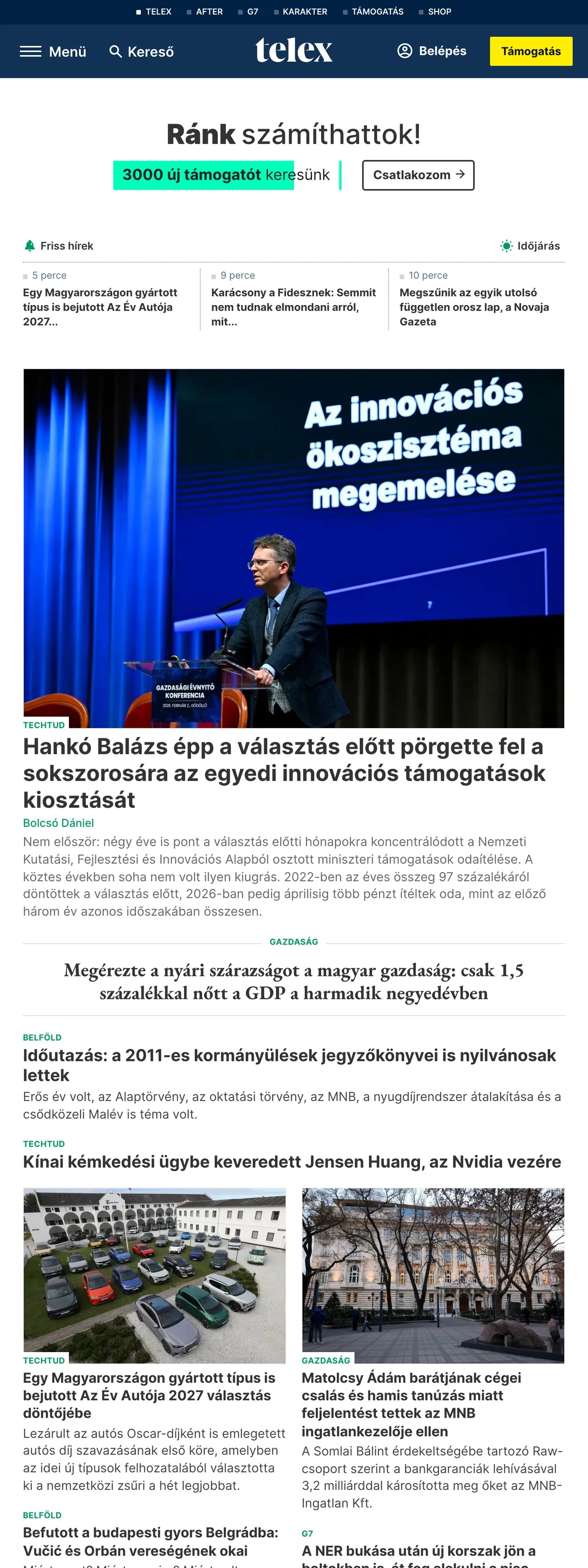 Screenshot of the Telex front page