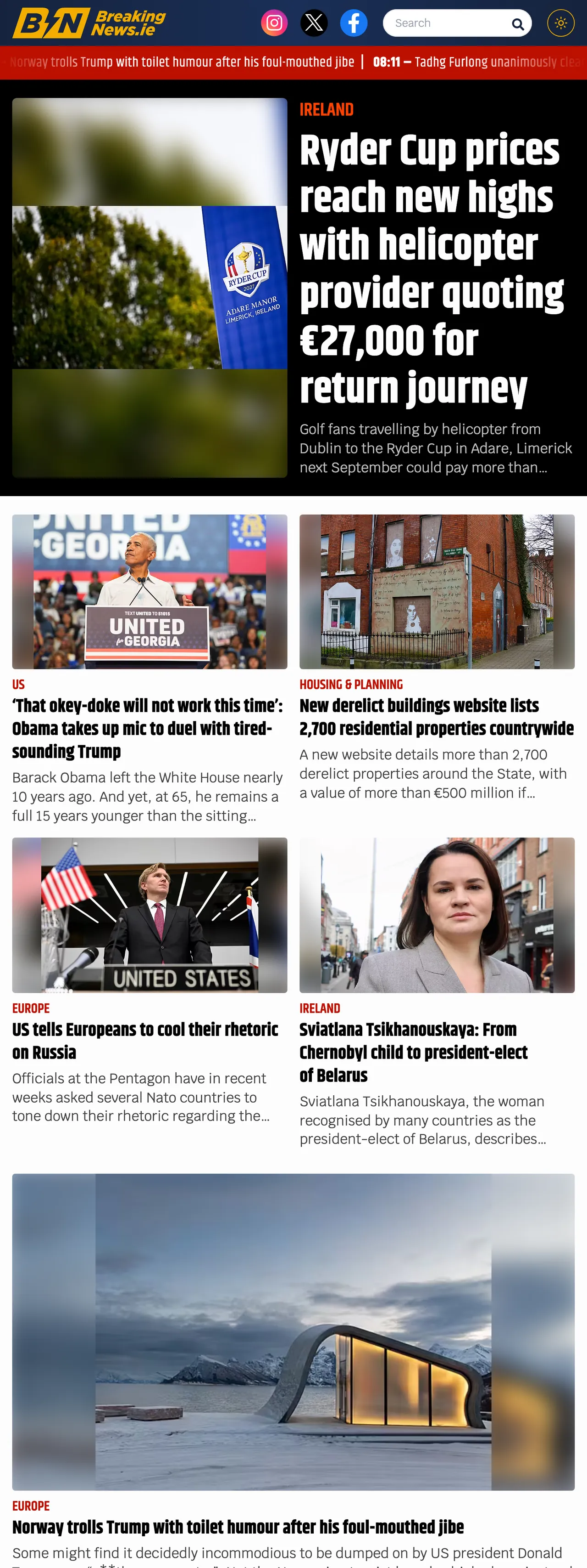 Screenshot of the BreakingNews.ie front page