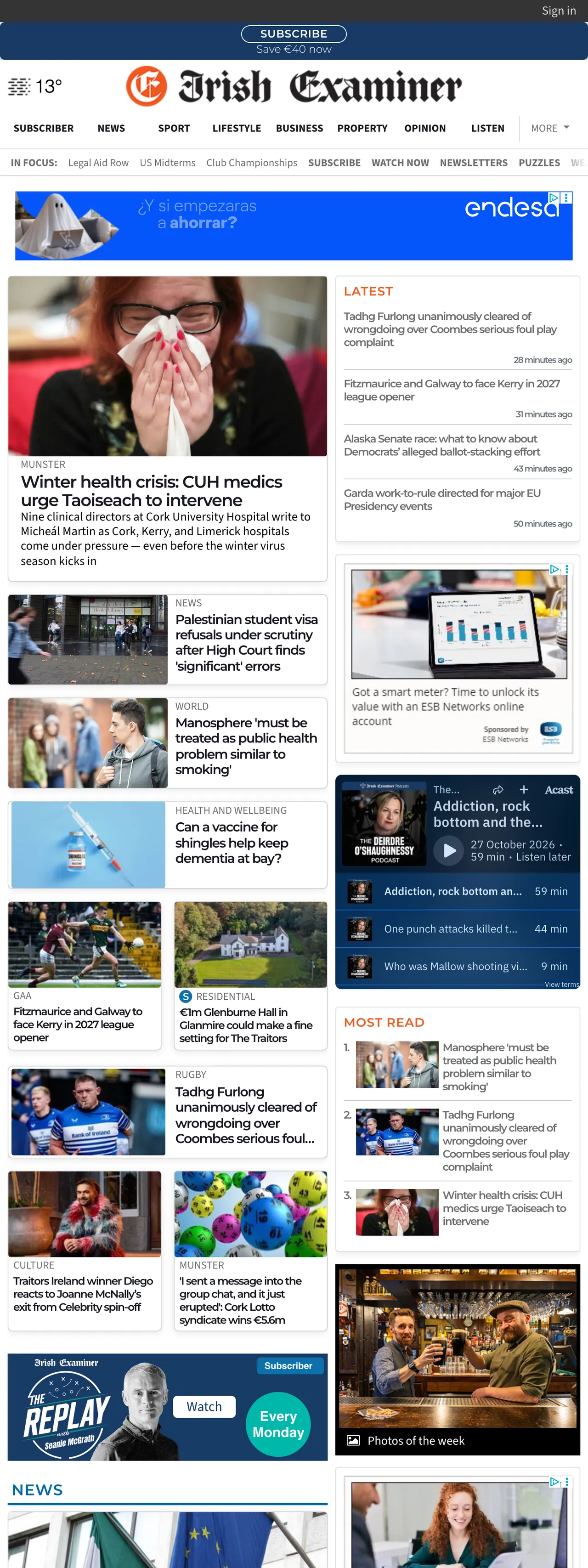 Screenshot of the Irish Examiner front page
