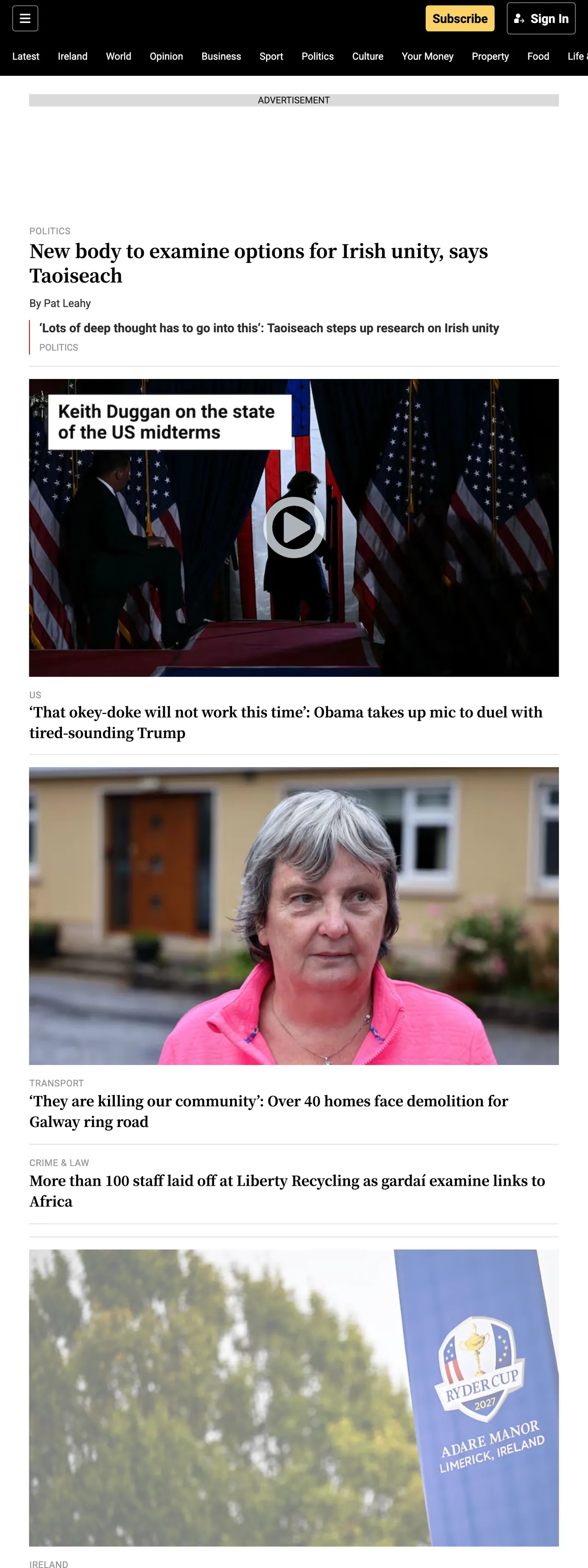 Screenshot of the The Irish Times front page