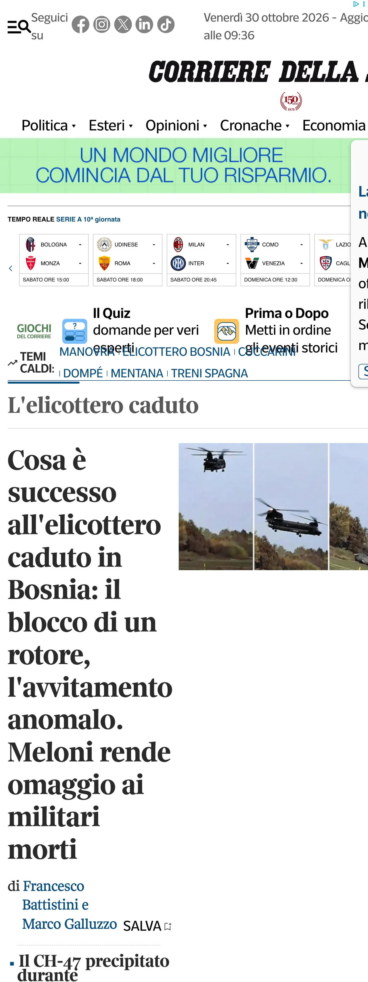 Screenshot of the Corriere della Sera front page