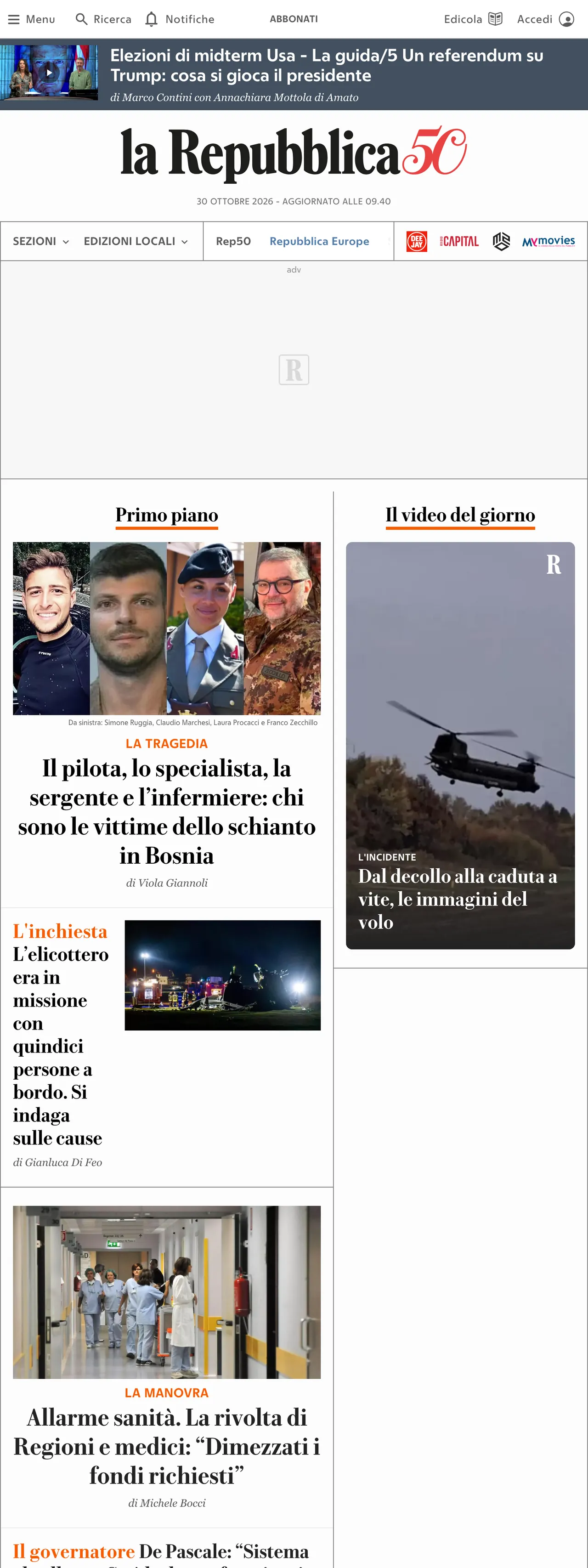 Screenshot of the la Repubblica front page