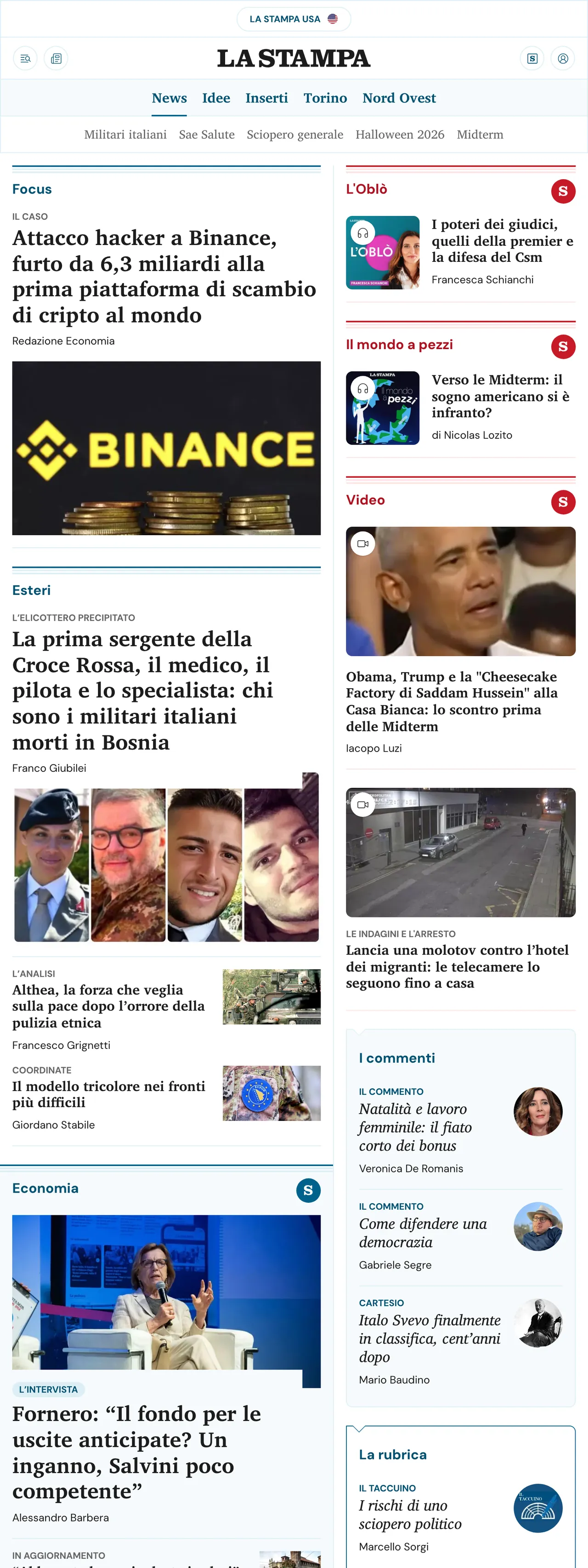Screenshot of the La Stampa front page