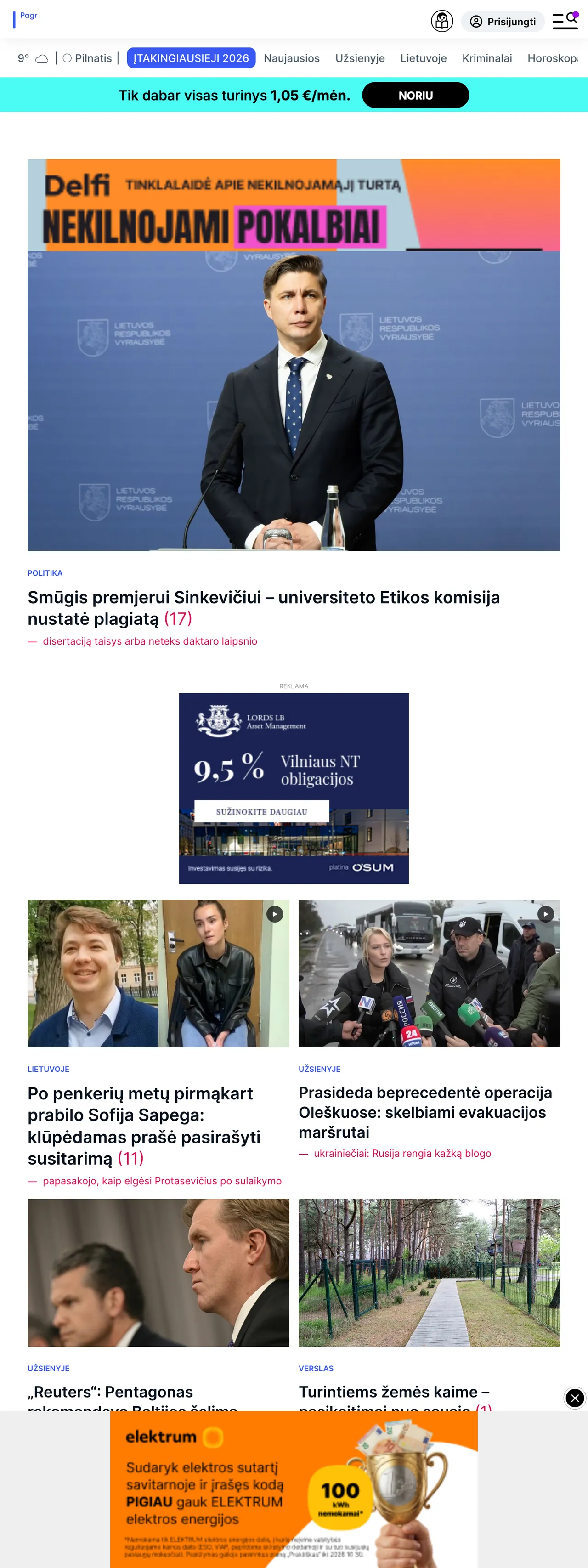 Screenshot of the Delfi front page