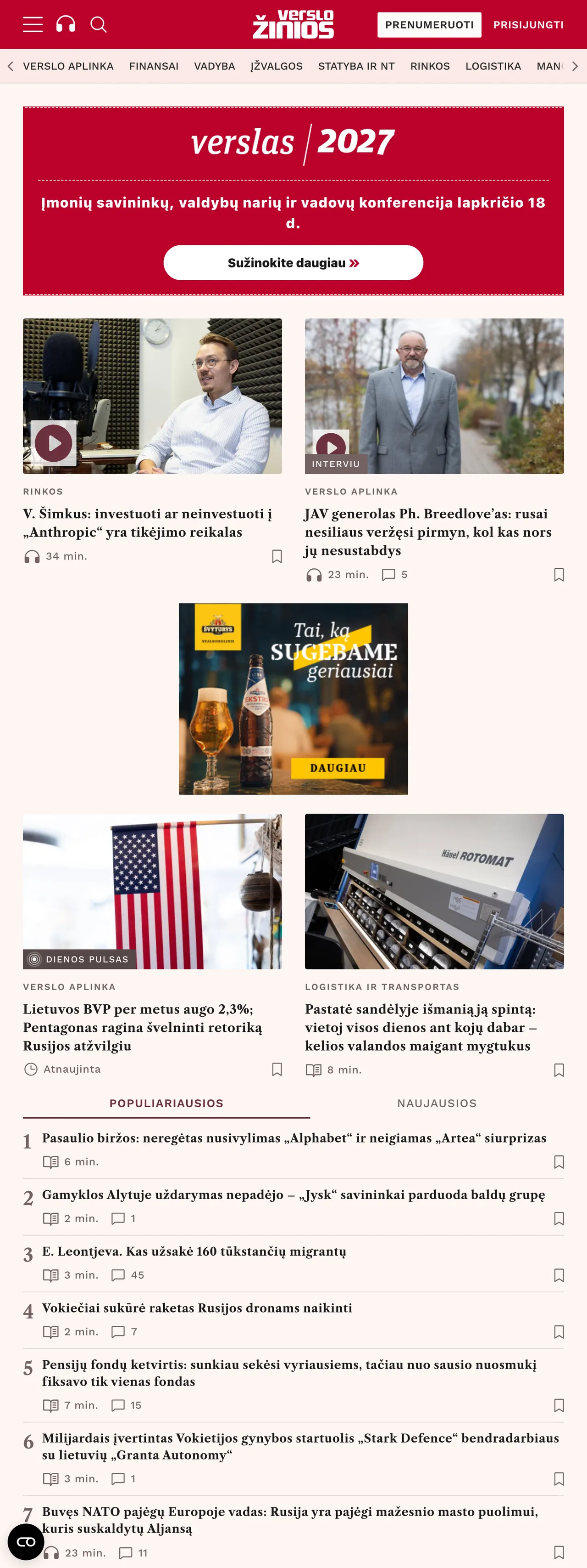 Screenshot of the Verslo žinios front page