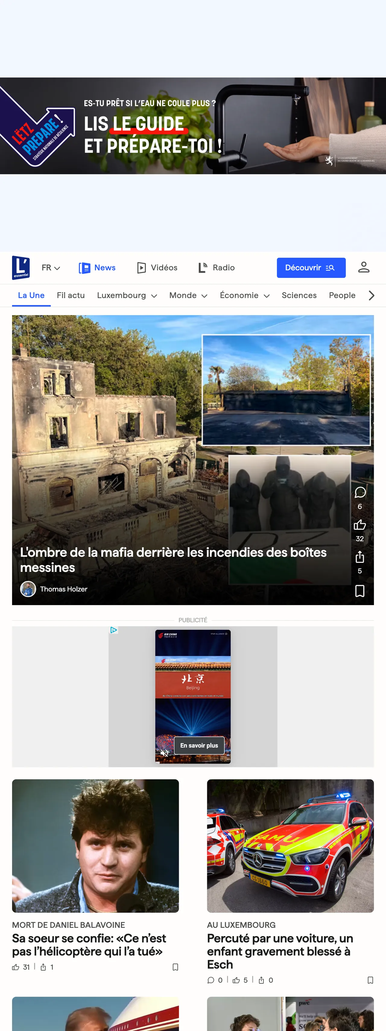 Screenshot of the L'essentiel front page
