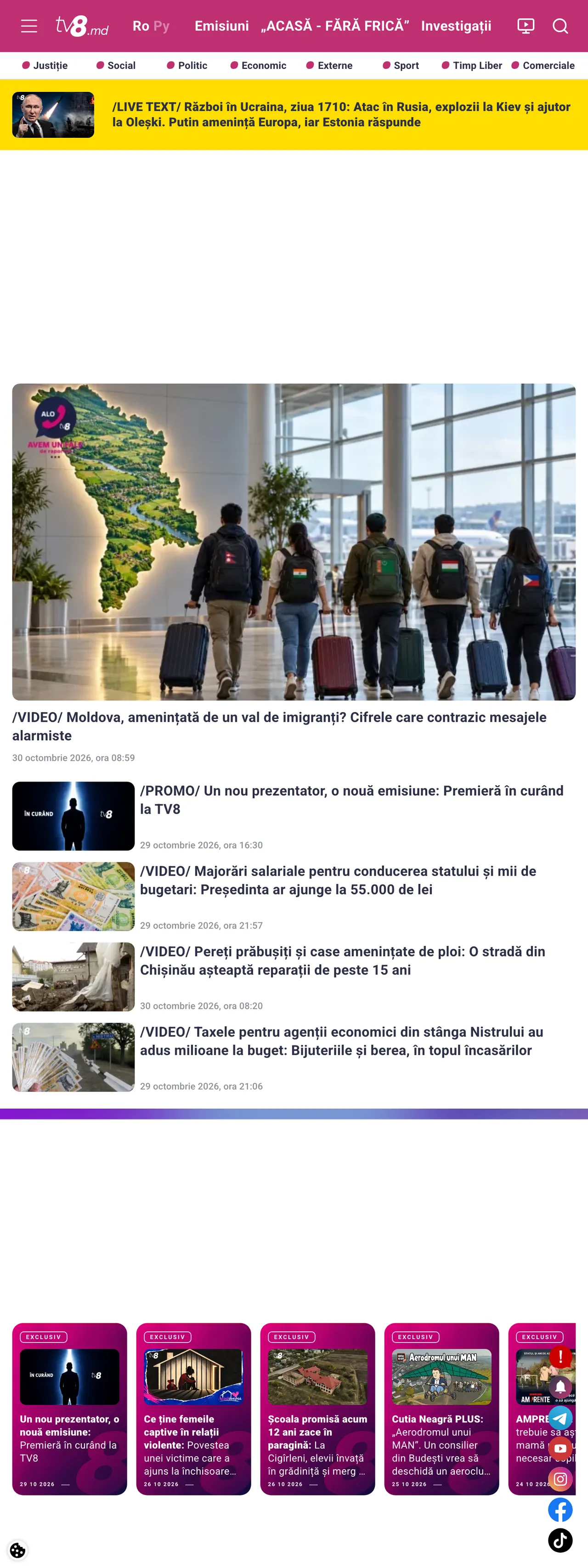 Screenshot of the TV8 front page