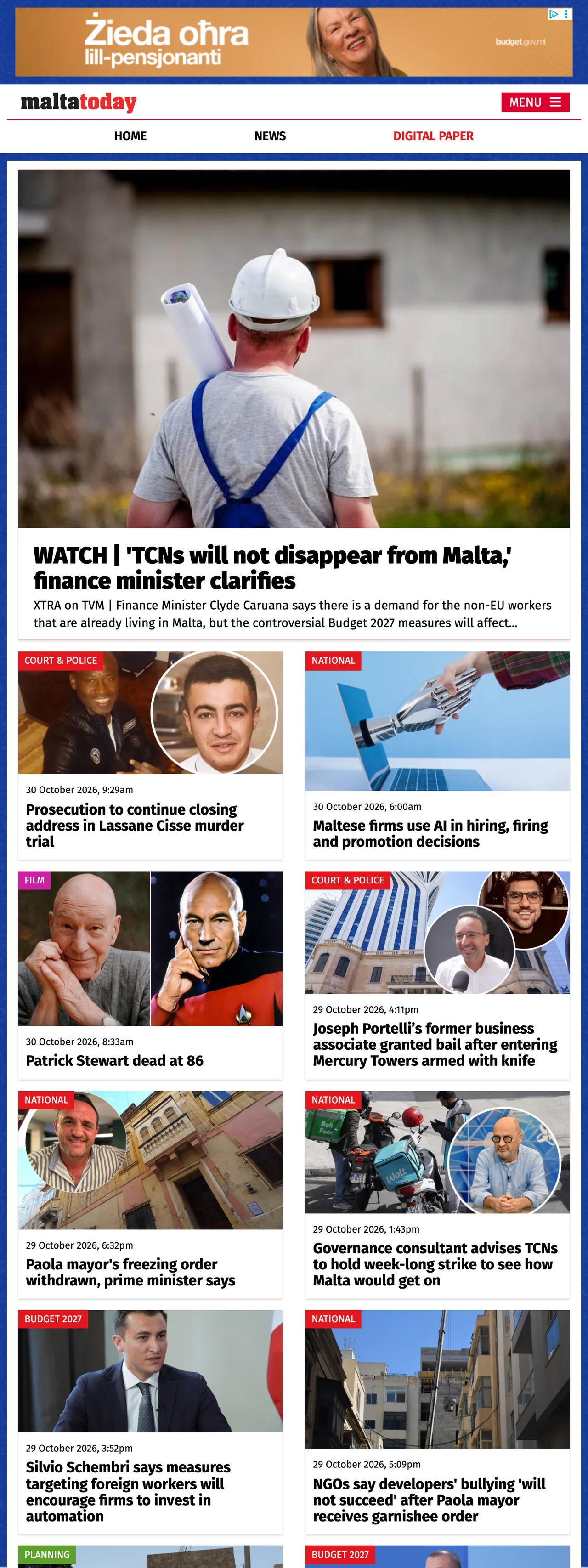 Screenshot of the Malta Today front page