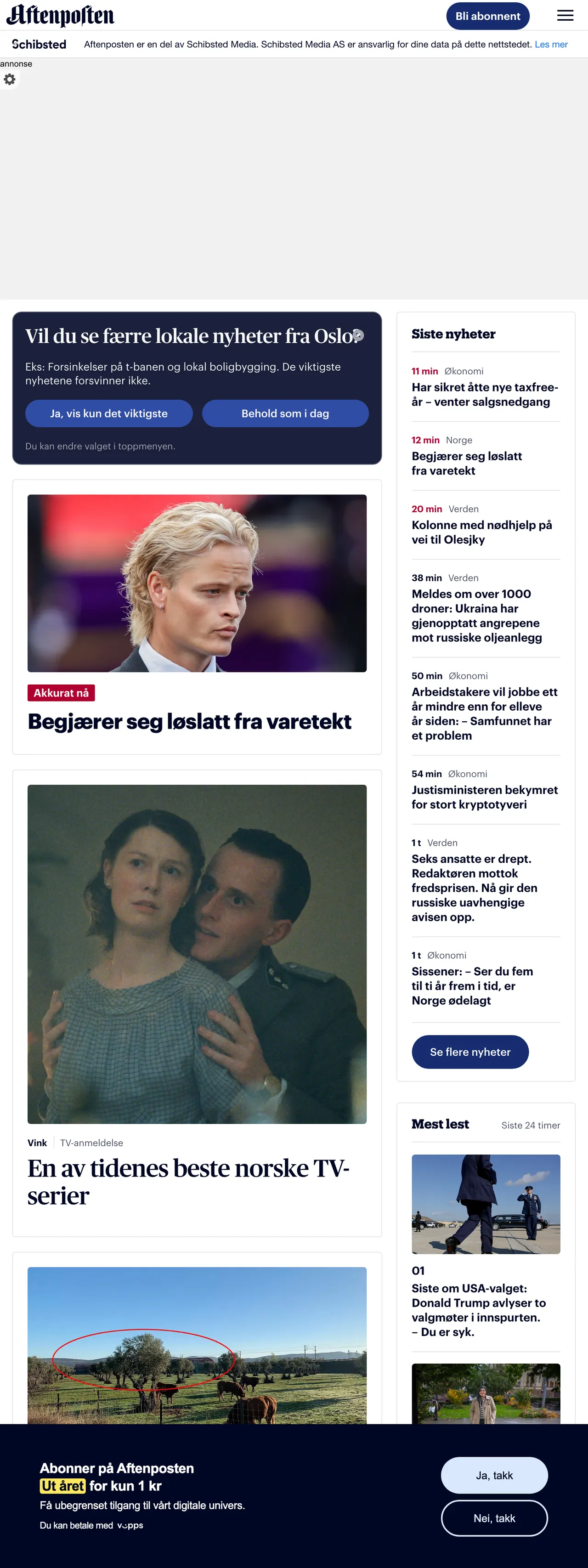 Screenshot of the Aftenposten front page