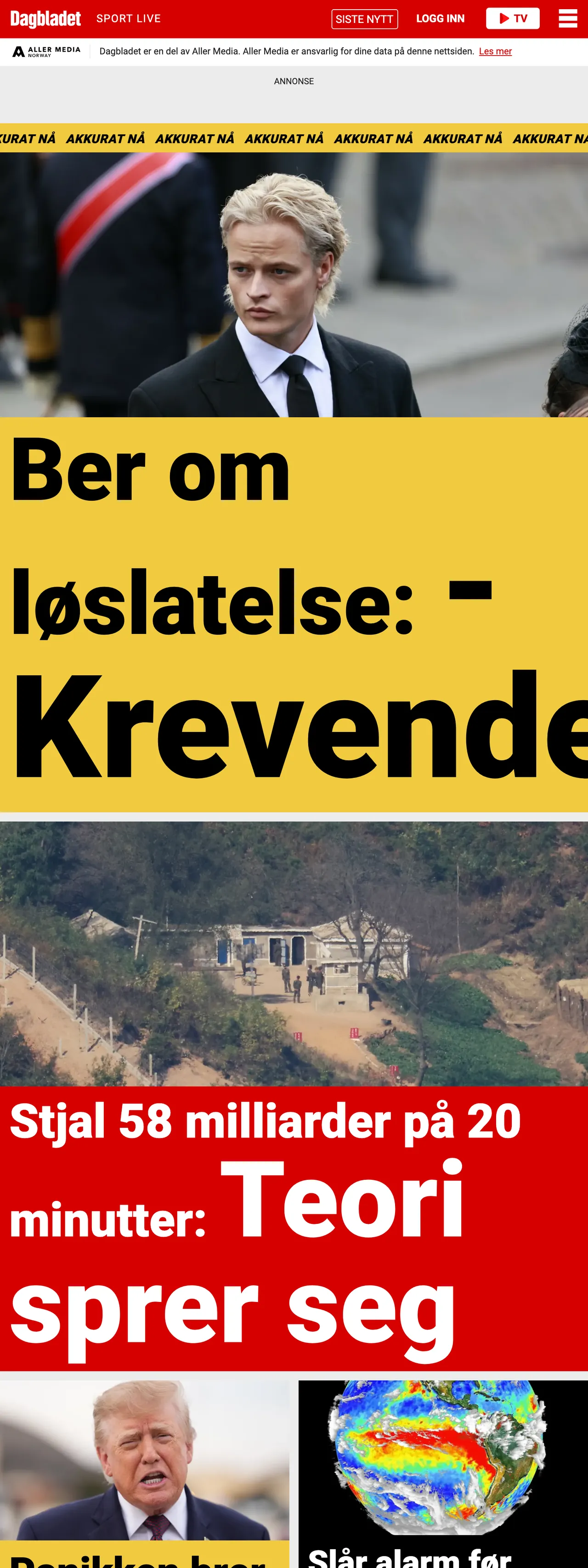 Screenshot of the Dagbladet front page