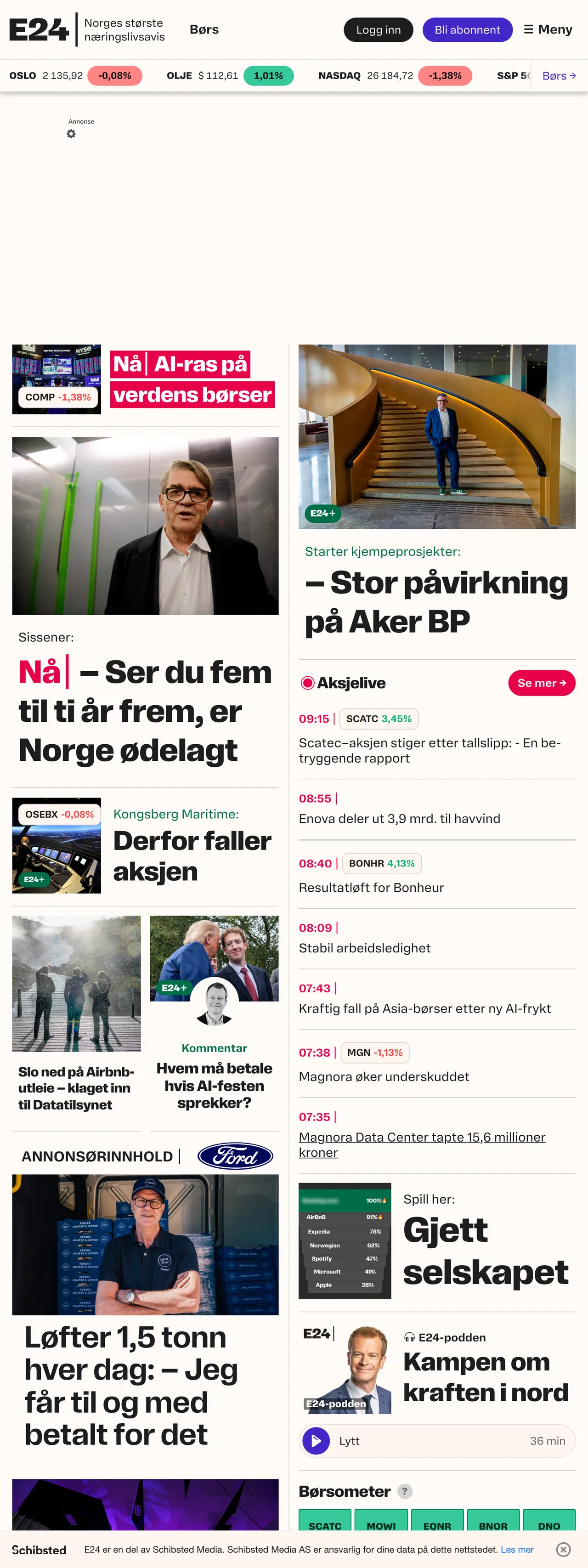 Screenshot of the E24 front page