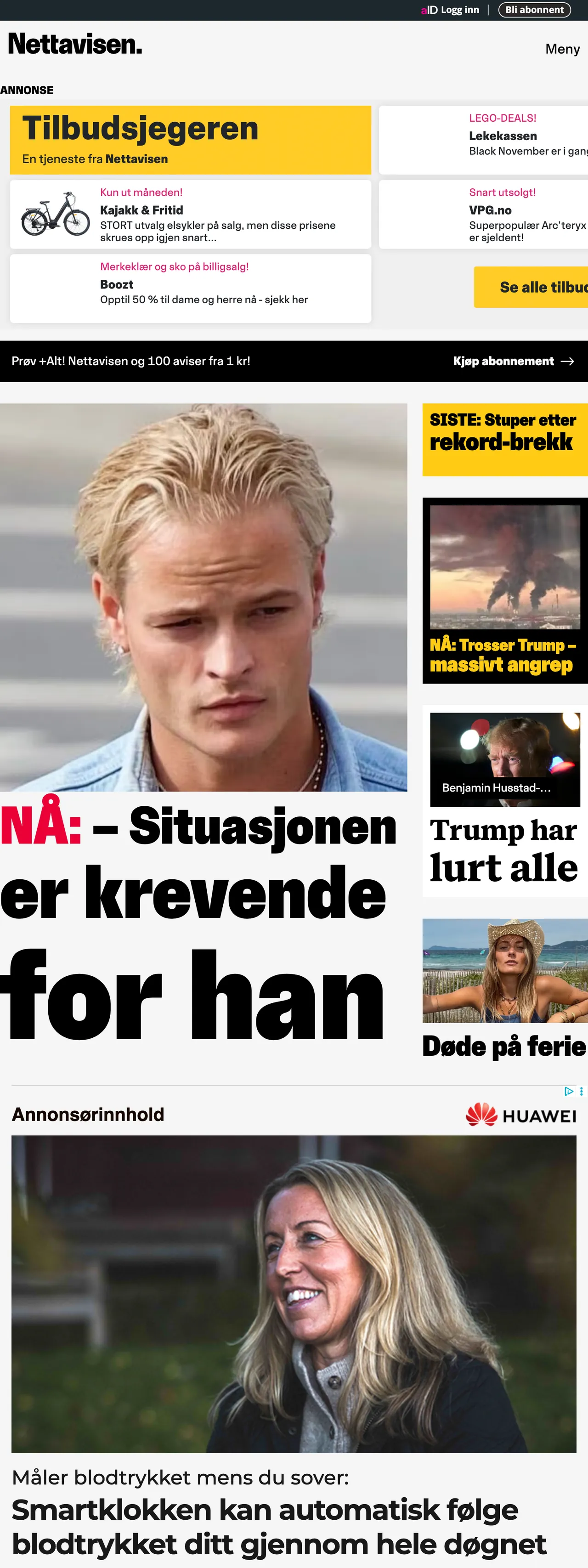 Screenshot of the Nettavisen front page