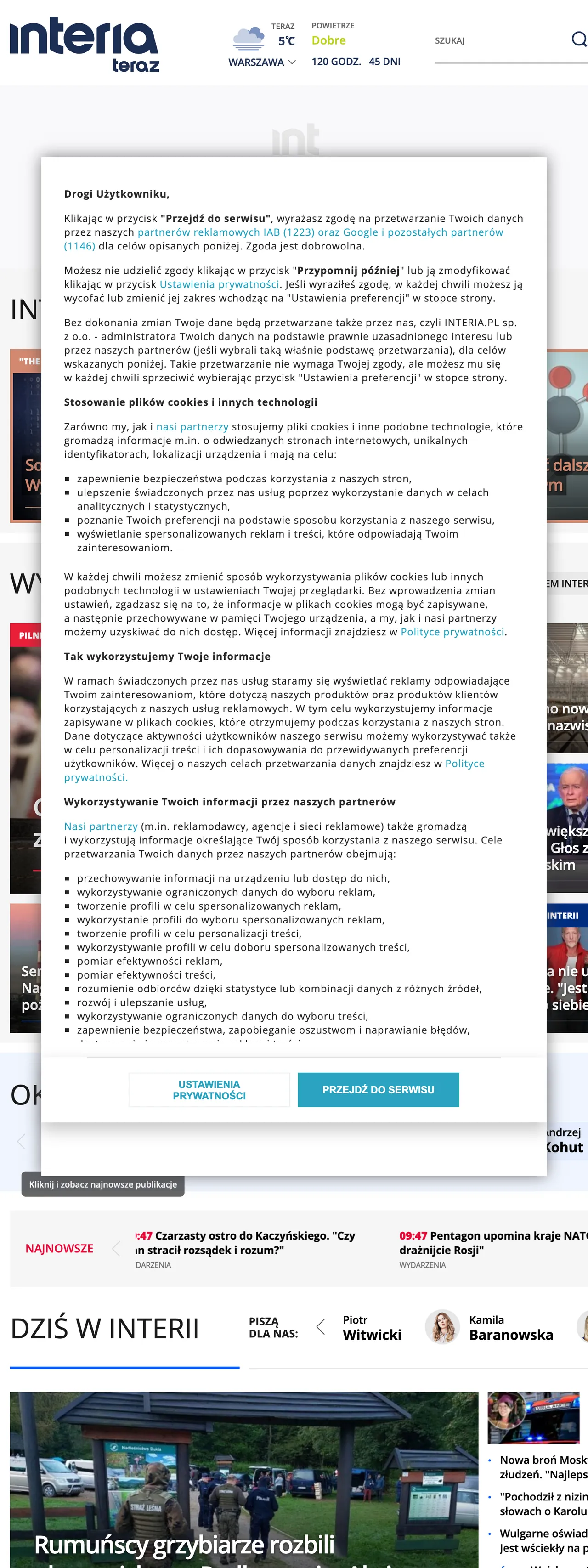 Screenshot of the Interia front page