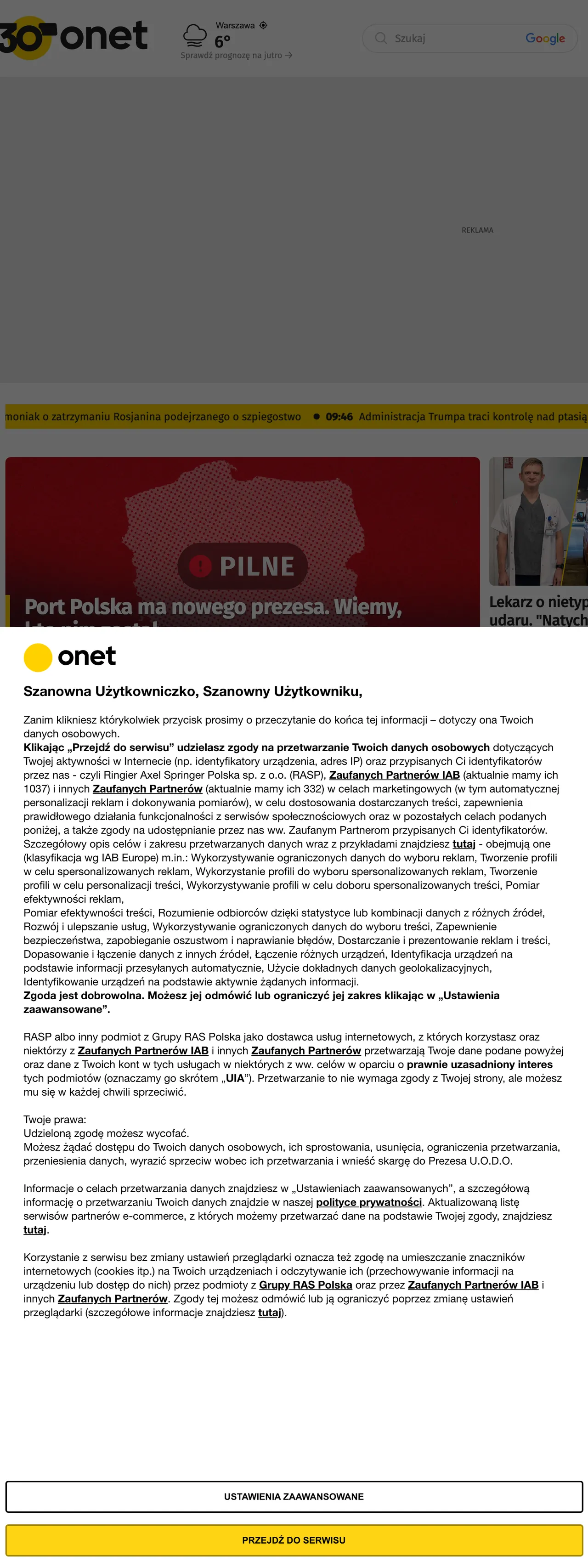Screenshot of the Onet front page