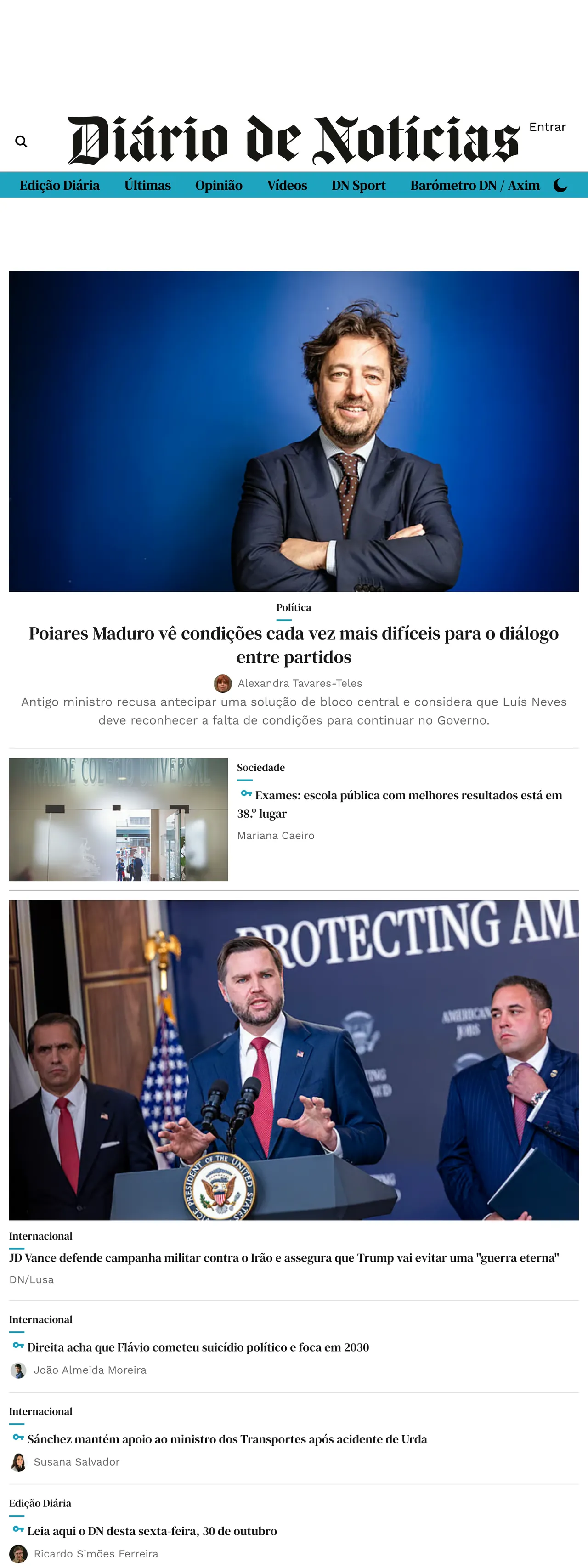 Screenshot of the Diário de Notícias front page