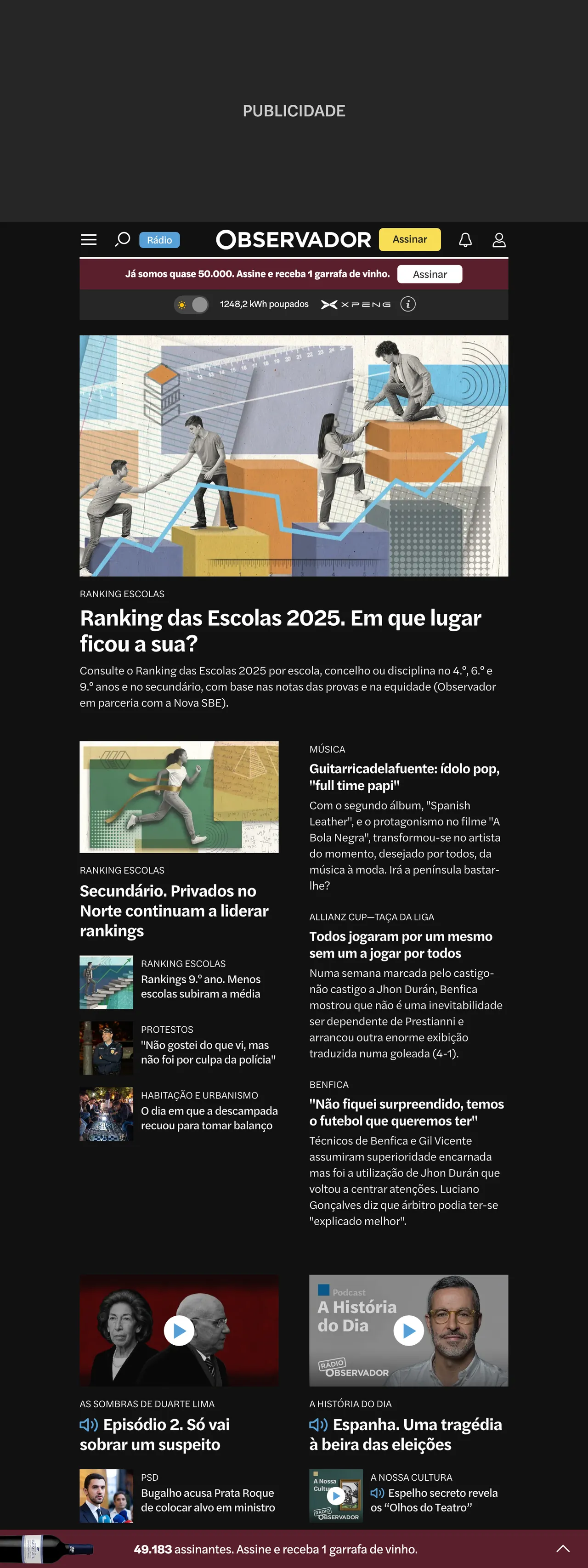 Screenshot of the Observador front page