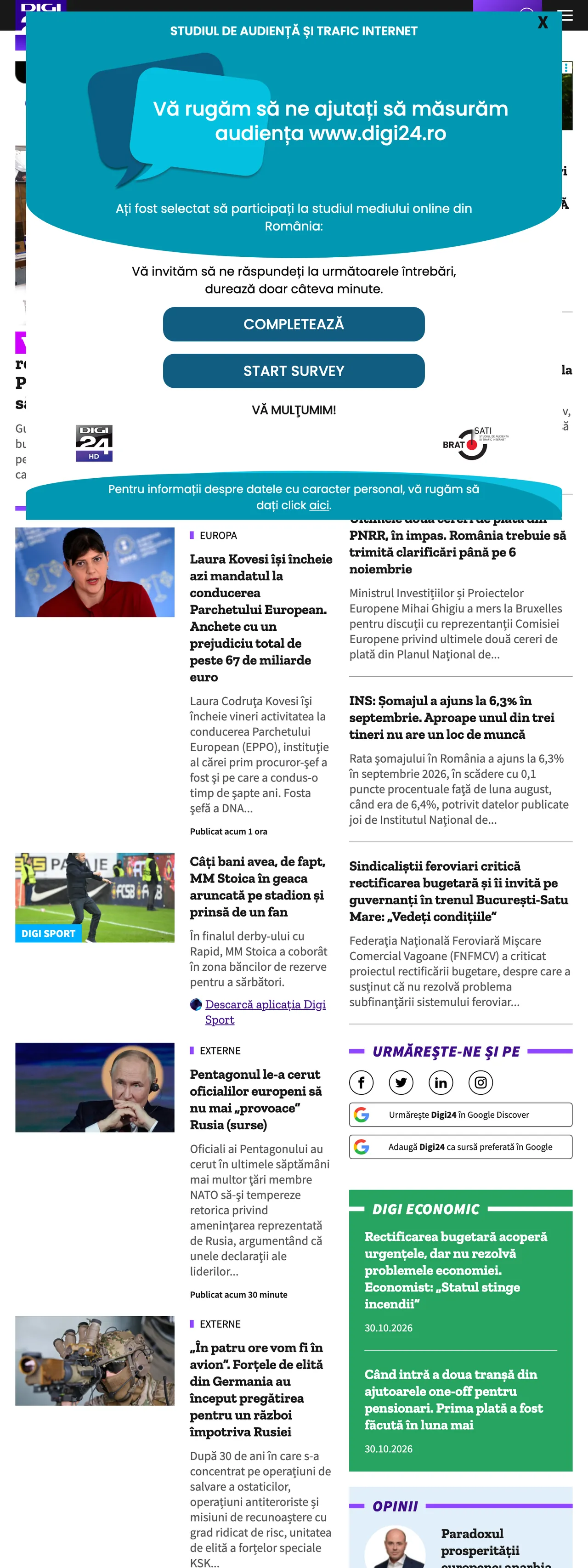 Screenshot of the Digi24 front page