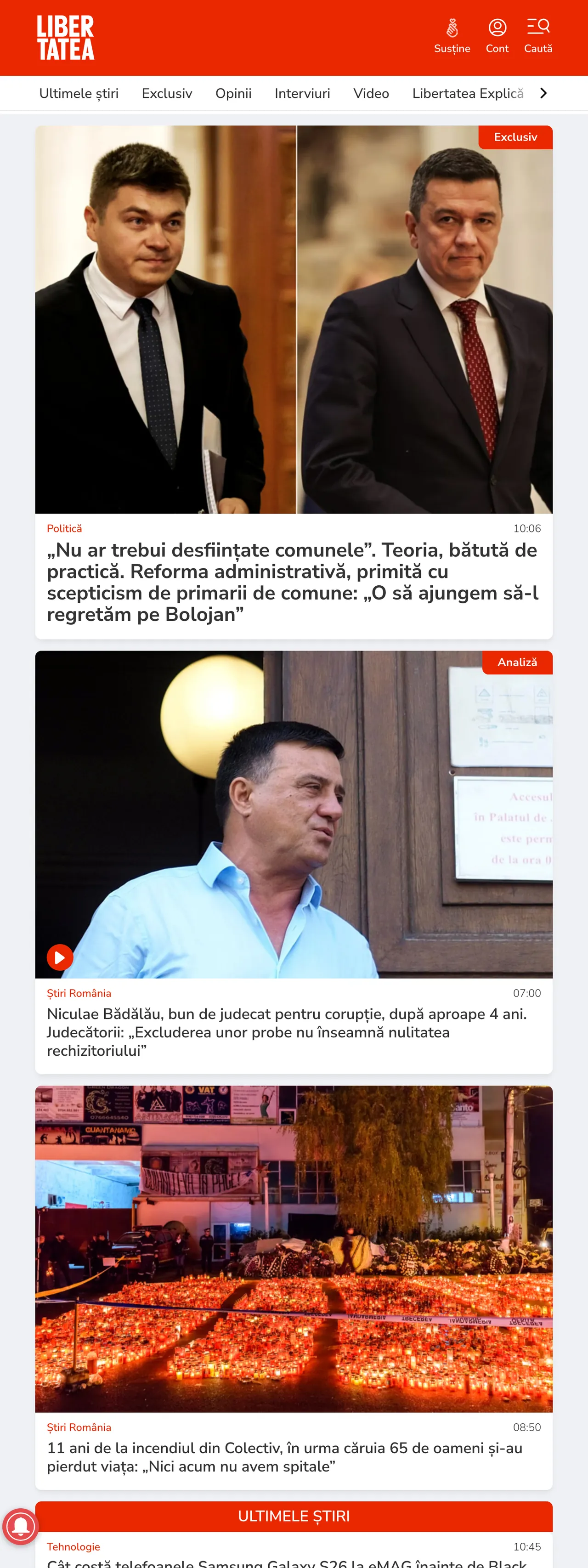 Screenshot of the Libertatea front page
