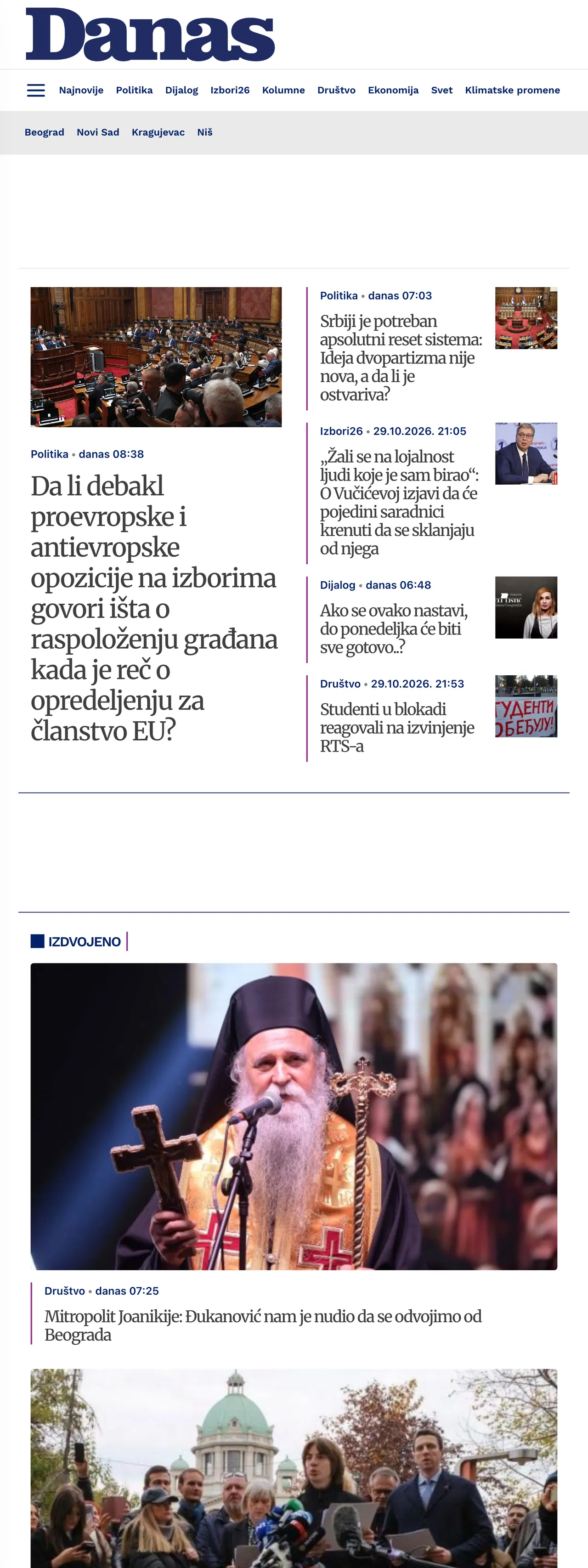 Screenshot of the Danas front page