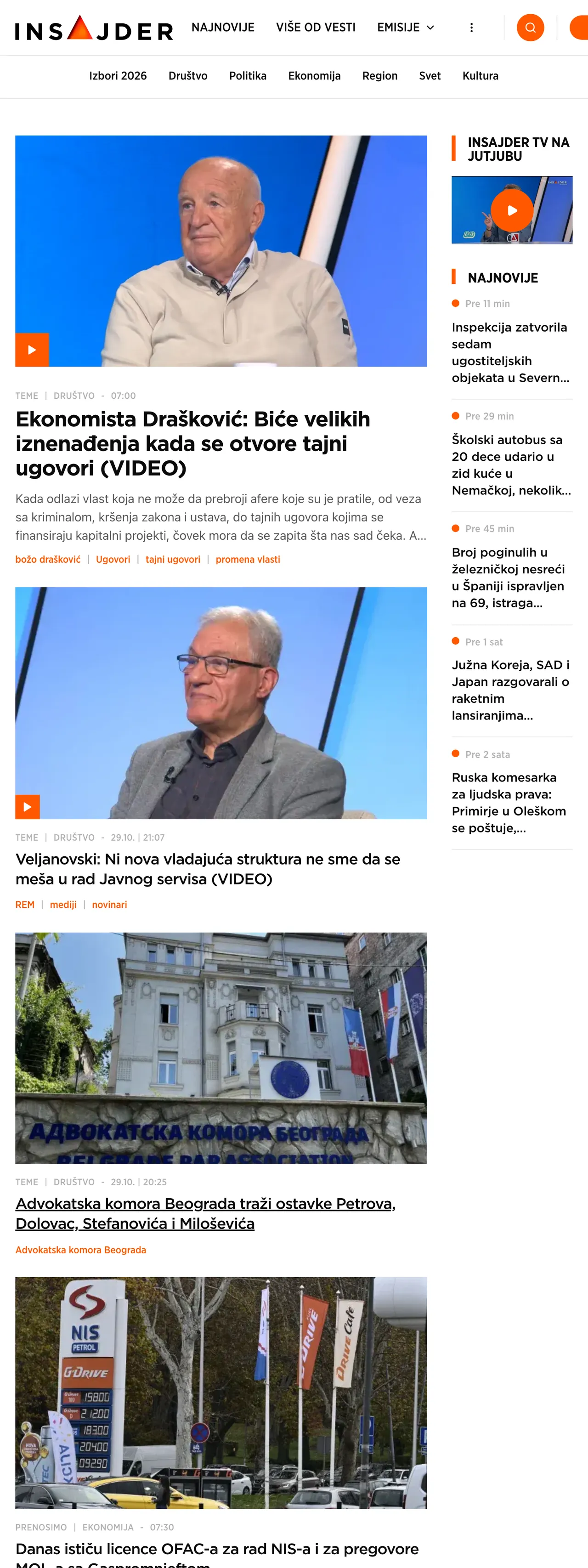 Screenshot of the Insajder front page