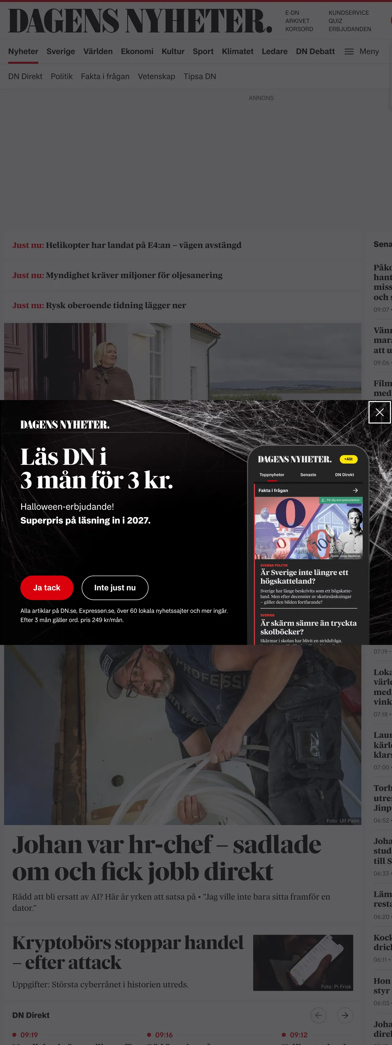 Screenshot of the Dagens Nyheter front page