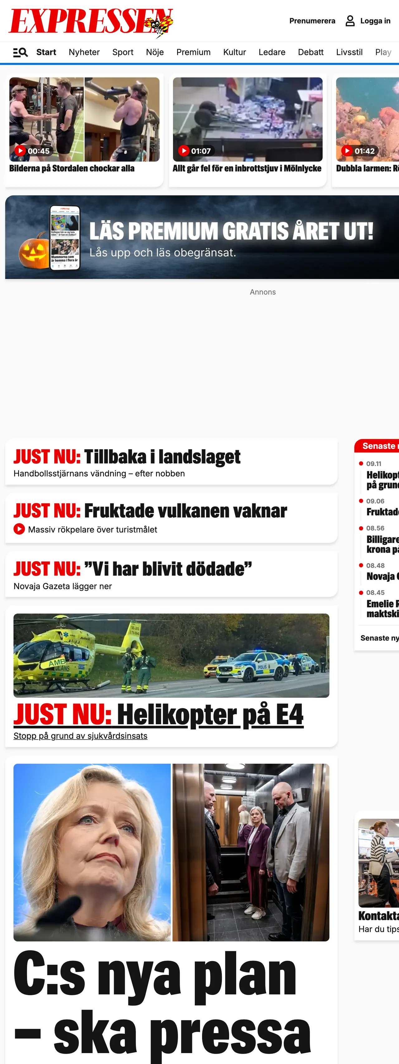 Screenshot of the Expressen front page